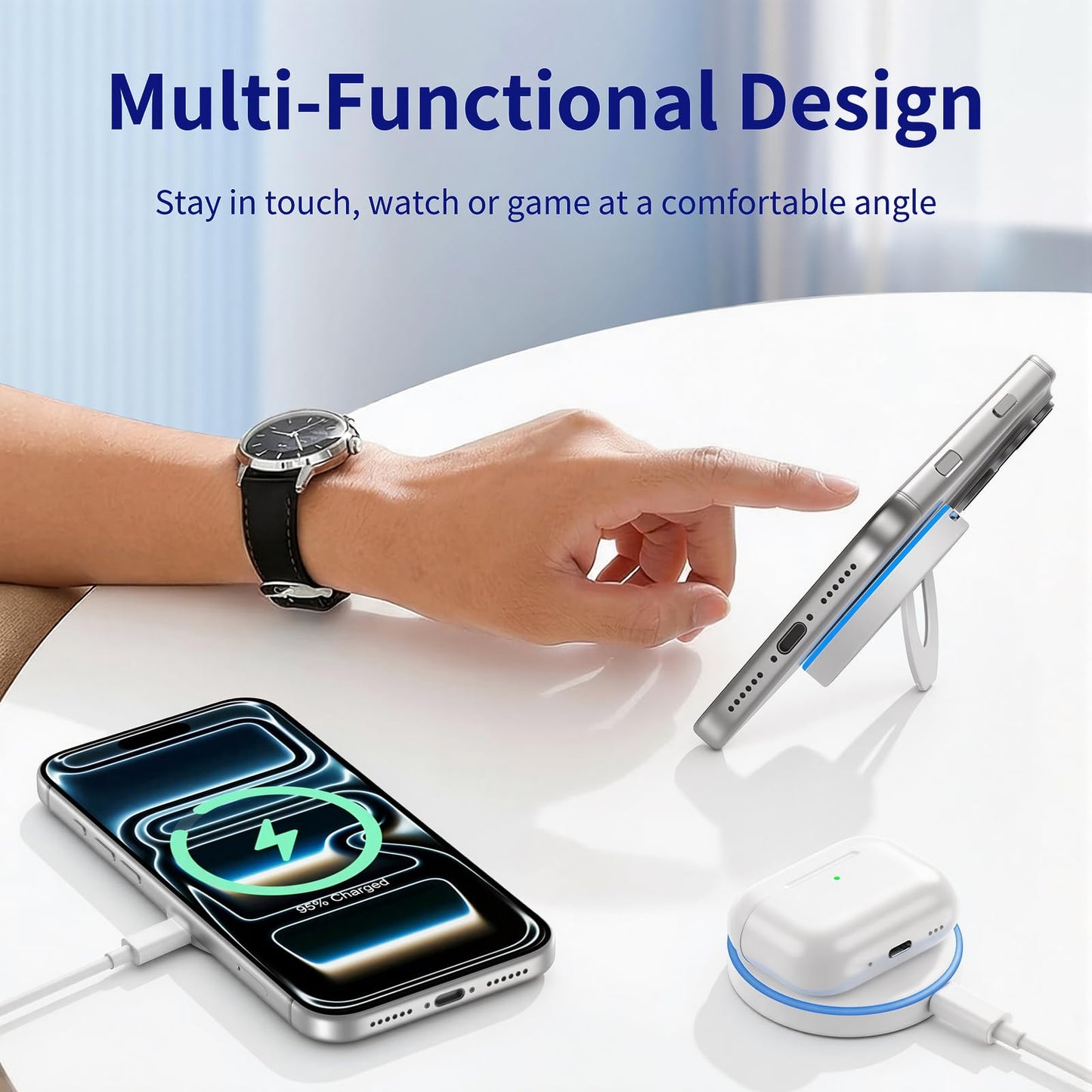 MagSafe Charger 2 Pack, 15W Magnetic Wireless Charger Fast Charging with Foldable Kickstand & 4.2FT Type C Cable, USB-C/A Ports Compatible with iPhone