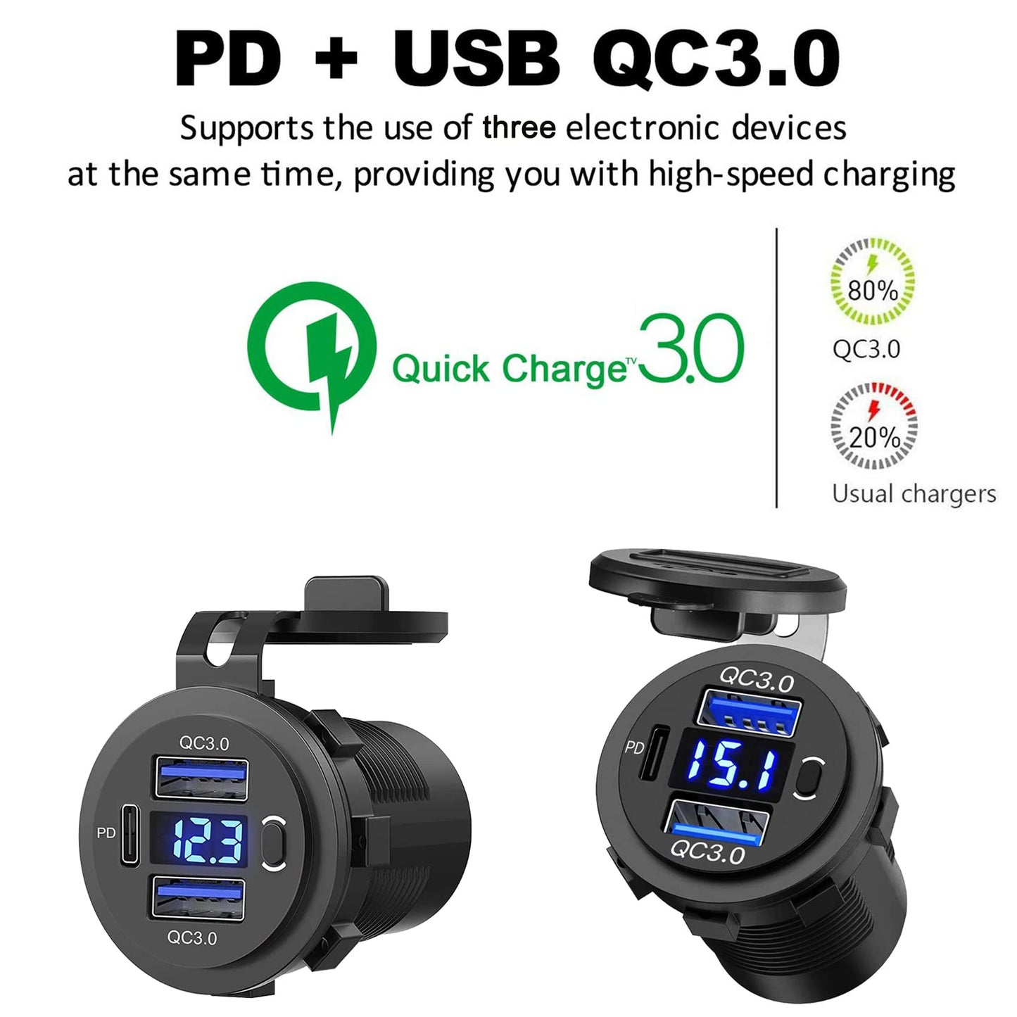 Zennova [5 Pack] 12v USB Outlet, Dual USB Quick Charge 3.0 Port and PD USB C Car Charger Socket Waterproof with Voltmeter and Power Switch for Car