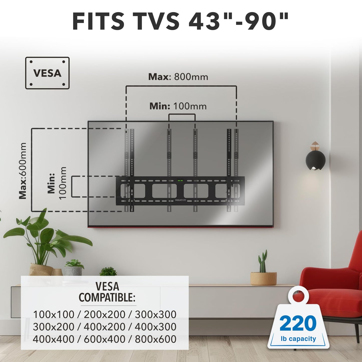 Mount-It! Heavy-Duty TV Wall Mount for 65-90 Inch TVs | Tilt TV Wall Mount Holds 220 lbs | Low-Profile Tilting Bracket Design, 800x600mm VESA | Secure