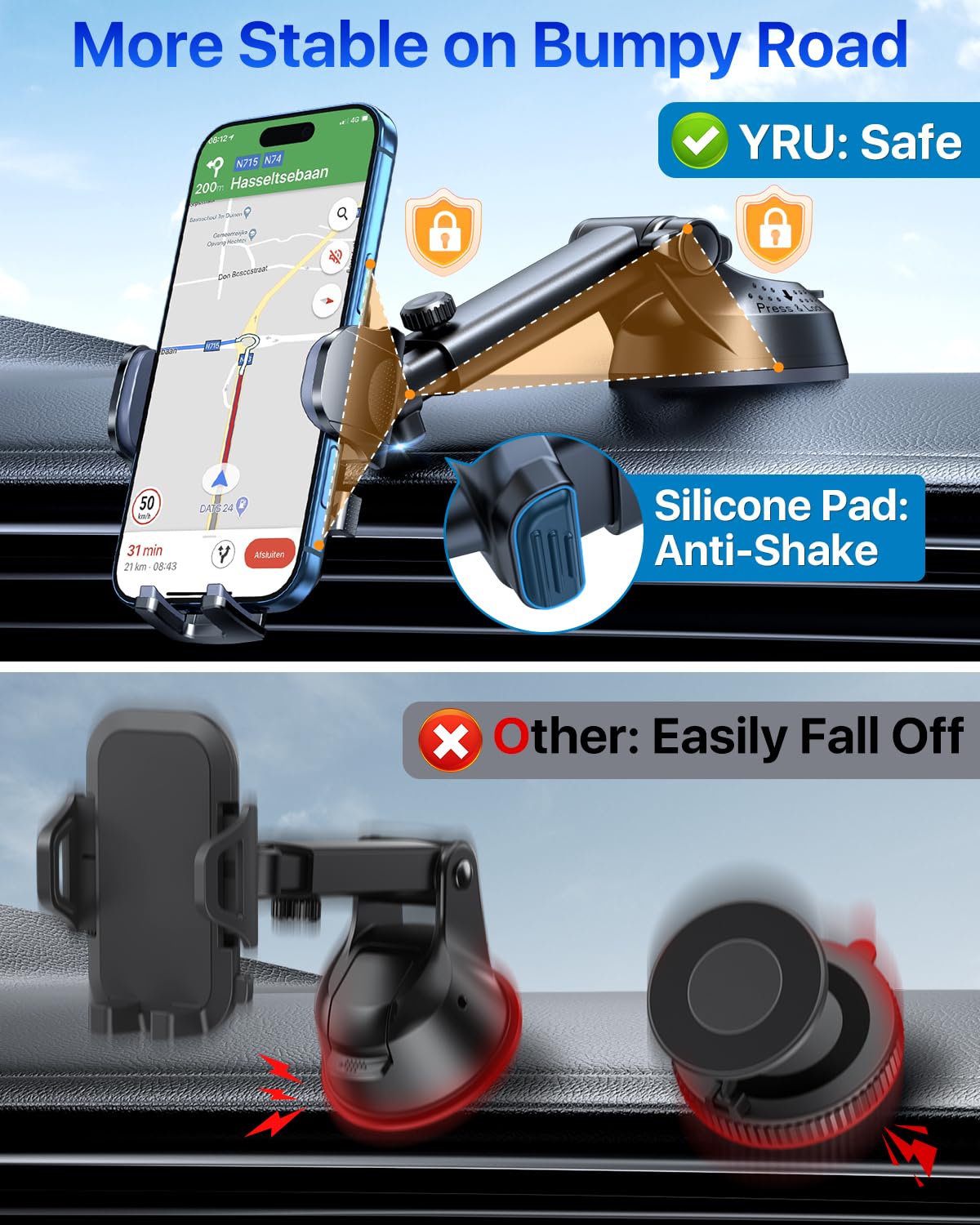 [True Upgrade for Safety] YRU Car Phone Holder Mount [Patent & Military-Grade] Dashboard Cell Phone Holder for Car Vent Windshield Phone Stand