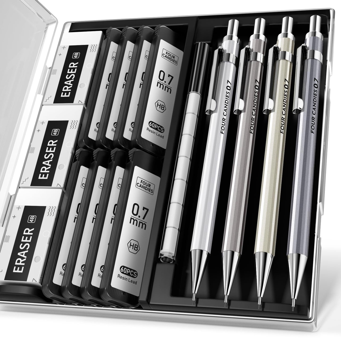 4PCS Metal Mechanical Pencil Set, 0.7mm Medium Point Pack with Storage Case