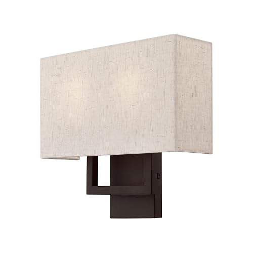 Livex Lighting 50994-07 Pierson Collection 2 Light Ada Wall Sconce, Oatmeal Fabric Outside, White Fabric Inside Hardback Shade, Bronze Finish