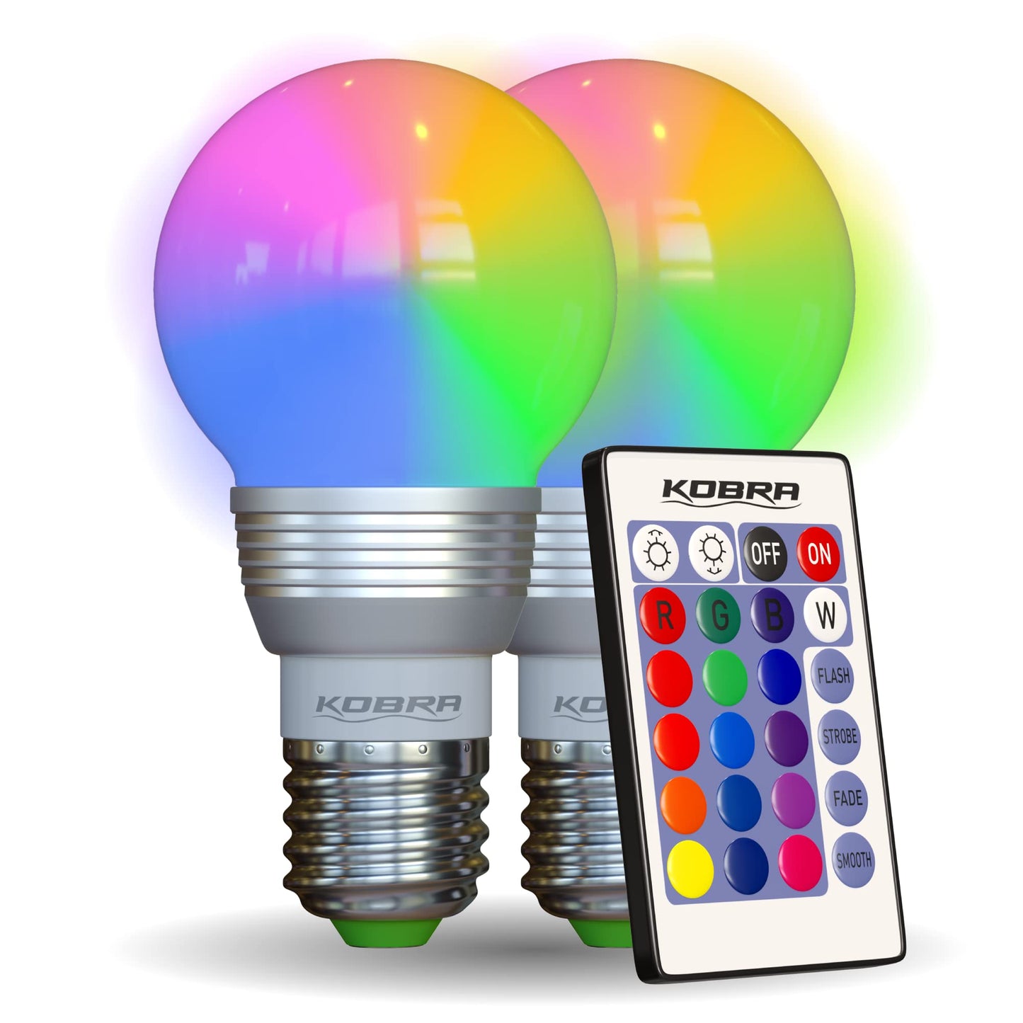 Kobra LED Color Changing Light Bulb with Remote Control - 16 Different Color Choices Smooth, Fade, Flash or Strobe Mode - Smart Remote Lightbulb - RGB