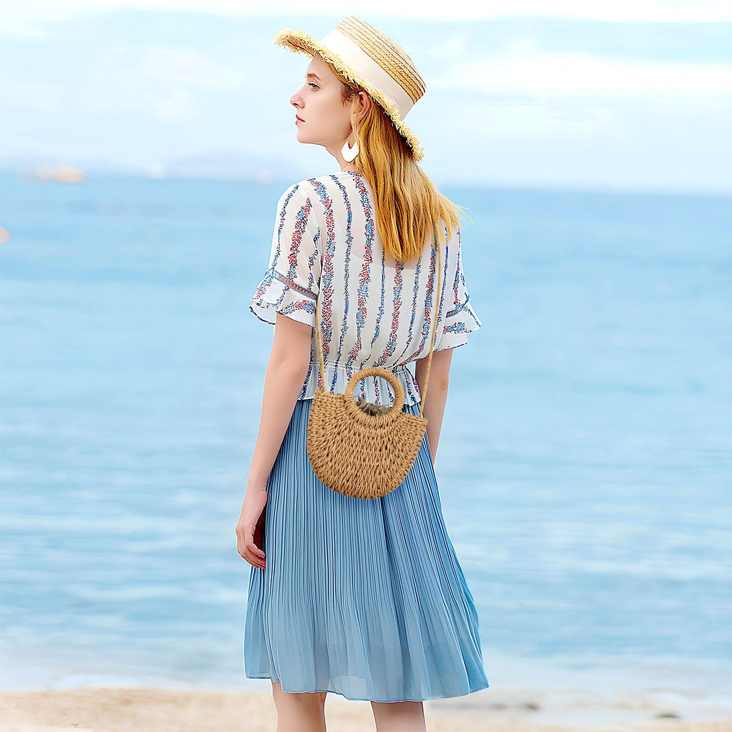 FENBEN Women Straw Crossbody Bag Summer Beach Weave Shoulder Bag Rattan (Brown)