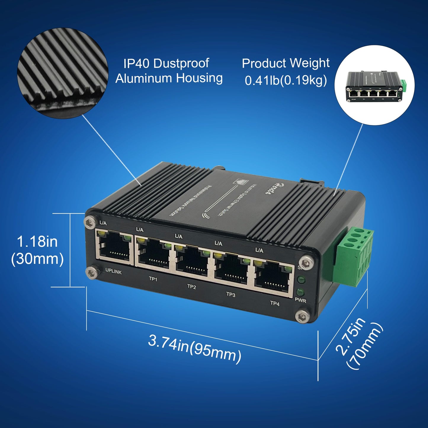 Mini Industrial Gigabit Ethernet Switch,Unmanaged Ethernet Network Hub Switch with 5 x RJ45 Port 10/100/1000T,12~48VDC,Support 802.3X Flow