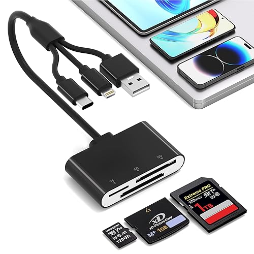 SD Card Reader for iPhone with USB-C & Lightning - 3-in-1 SD MicroSD xD-Picture Cards Memory Card Reader Adapter for iPhone 17/16/15/14, iPad