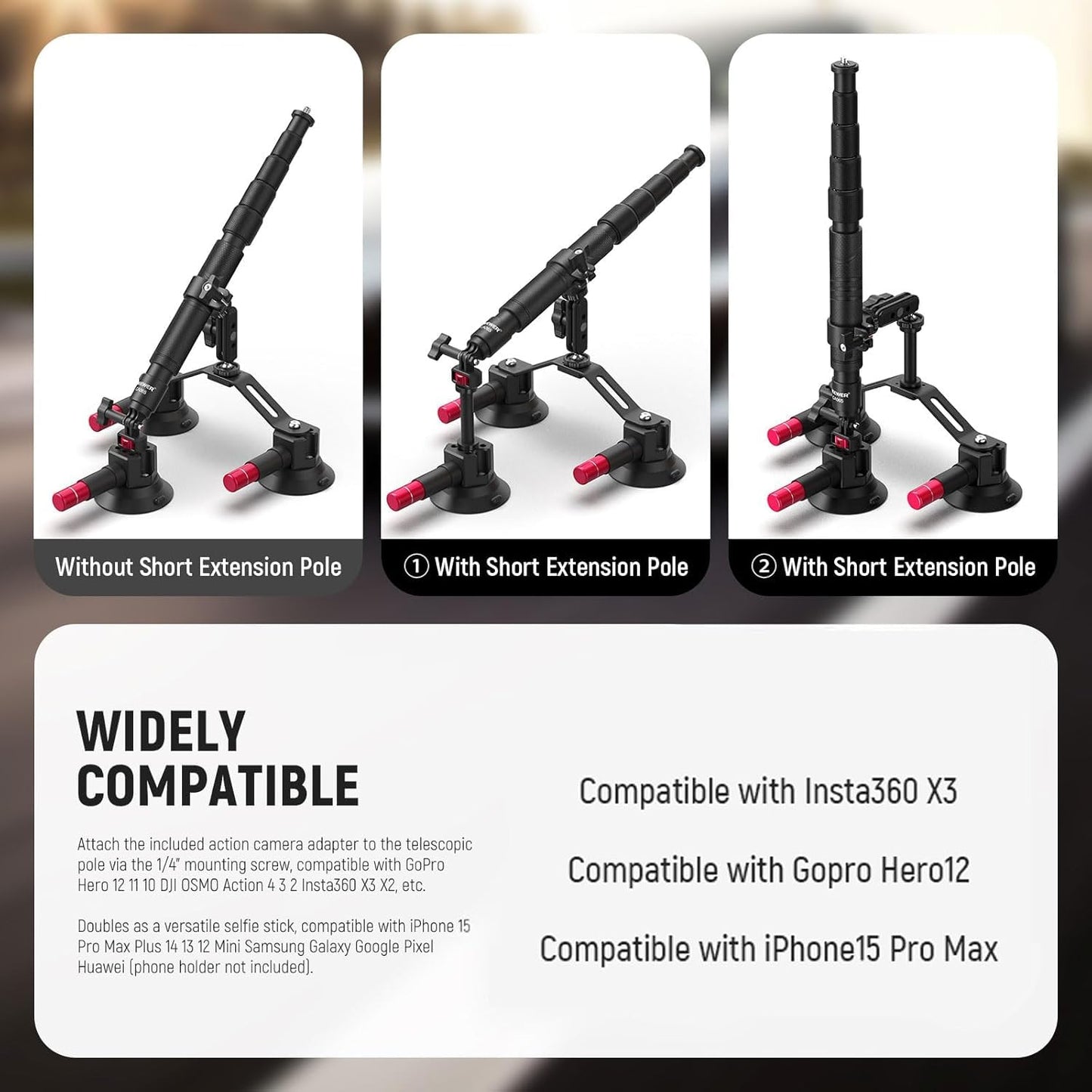 NEEWER Triple Suction Cup Car Mount Kit with 2in1 Extension Pole/Selfie Stick, Quick Release Outside Windshield Magic Arm Camera Mount Compatible