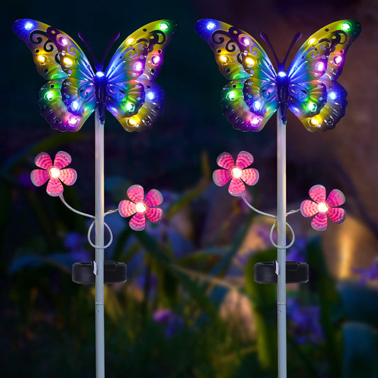 VGYVGYCC Outdoor Solar Garden Lights - 2 Pack Metal Butterfly Decorative Lights - Colorful LED Waterproof Stake Lights for Garden, Patio, Yard, Lawn
