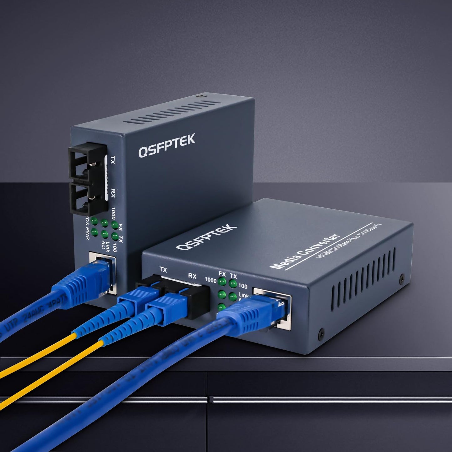 QSFPTEK A Pair Ethernet Media Converter, 1.25G Single-Mode Dual SC Fiber Gigabit Media Converter 10/100/1000Base-Tx to 1000Base-LX (1310nm, 20km)