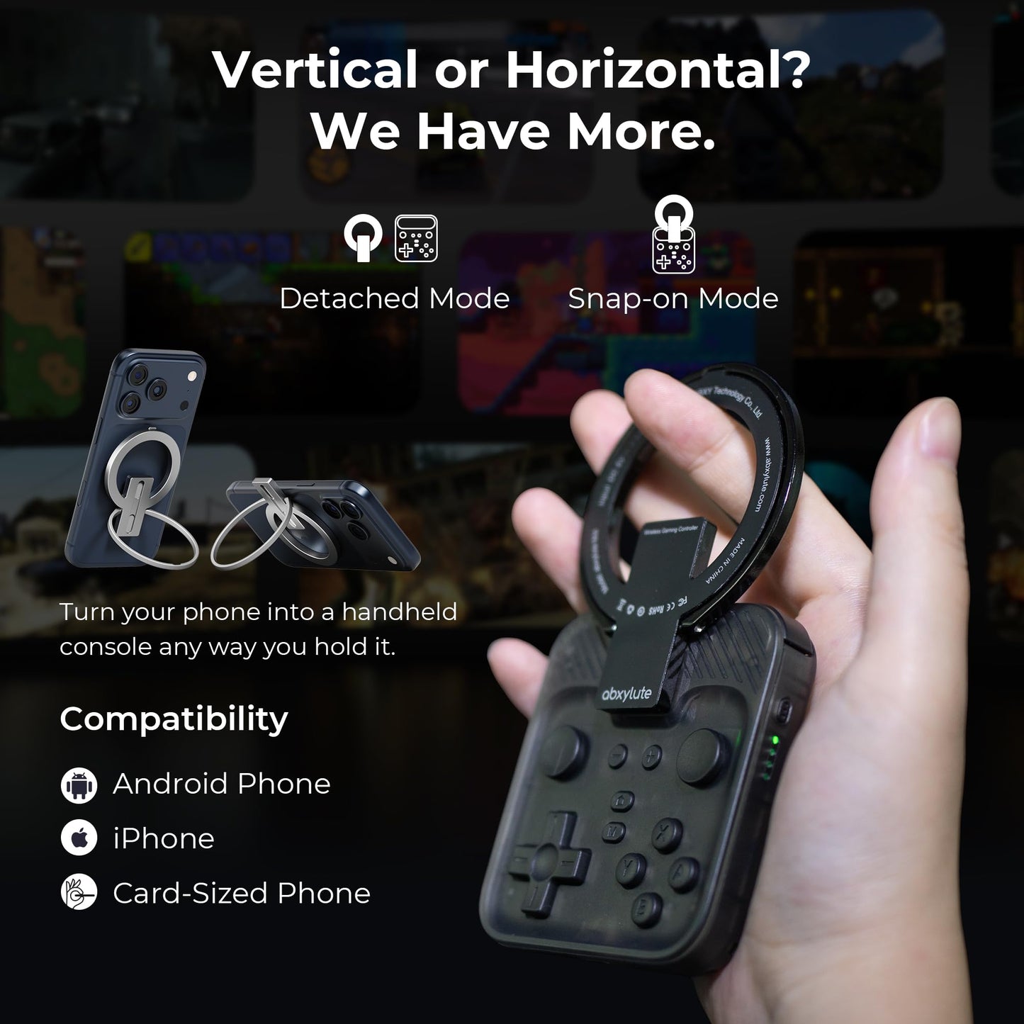abxylute M4 Snap-On Mobile Gaming Controller for Android & iPhone, Switch 1&2, Portable Bluetooth Controller, Pocket-Sized Retro Arcade Phone Gamepad