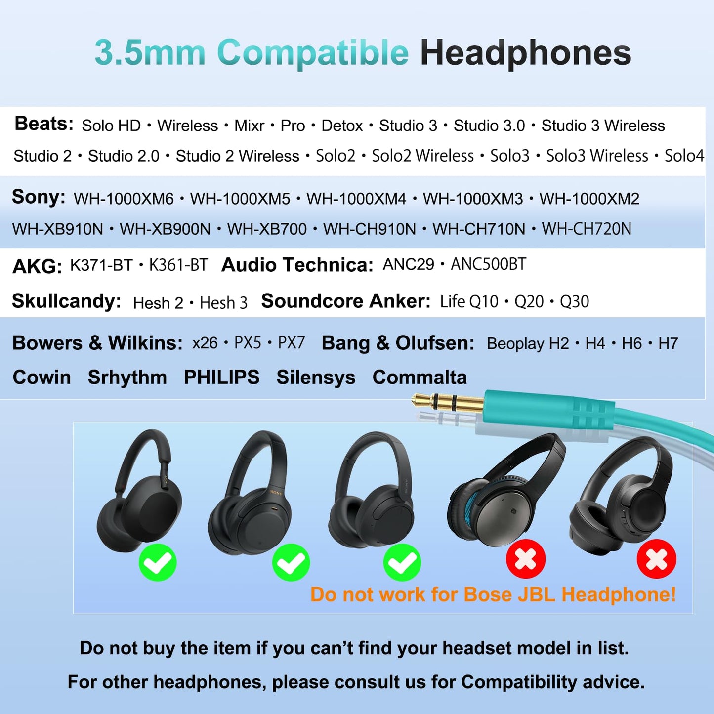 Beats Headphones Replacement Audio Cable Cord, 3.5mm to 3.5mm Aux Wire for Beats Solo2 Solo3 Solo4 Studio3 Wireless HD Pro by Dr. Dre Sony WH-1000XM4…