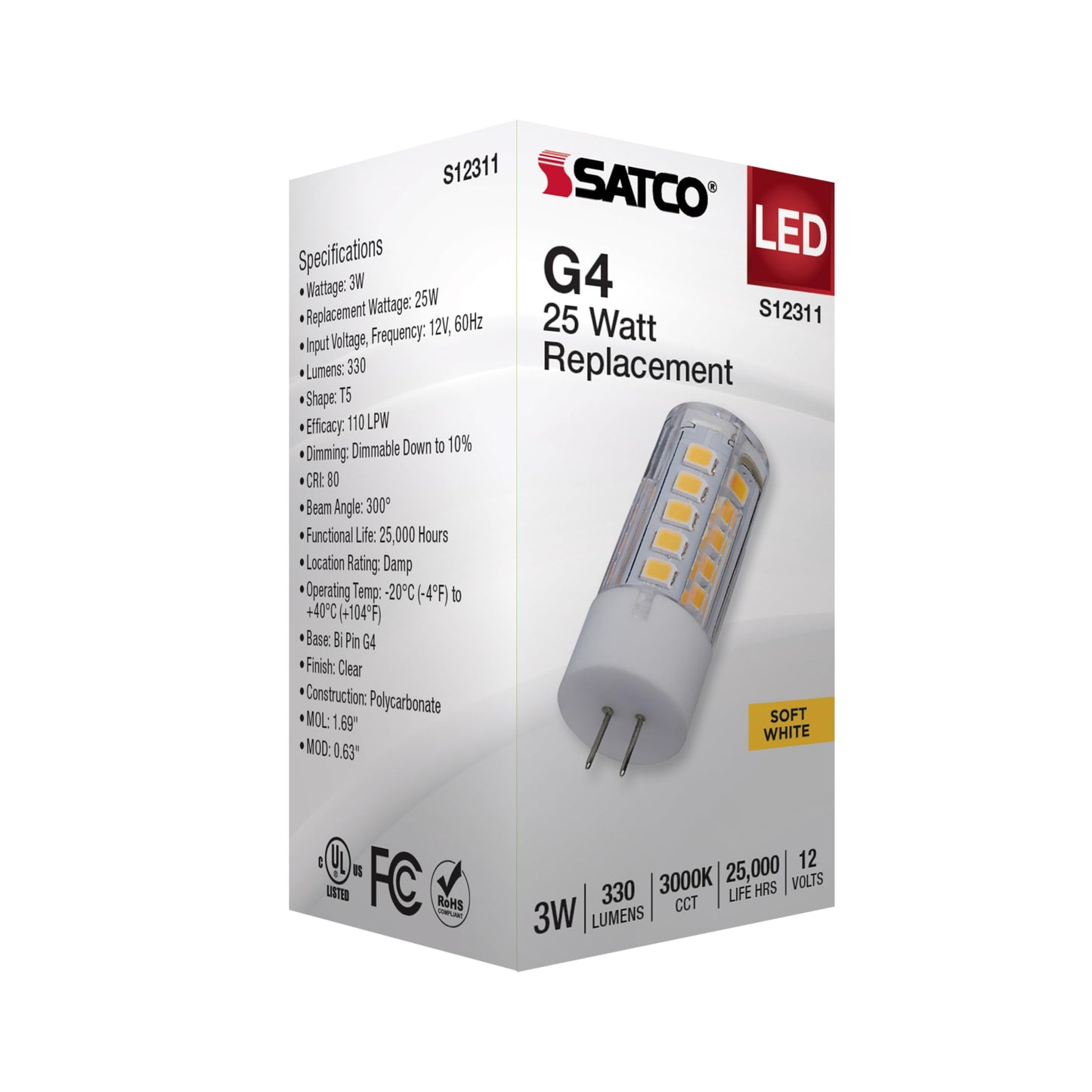Satco S12311 T5 LED Bi-Pin G4 Base Lamp, 12V Low Voltage Halogen Replacement, 3000K, Clear