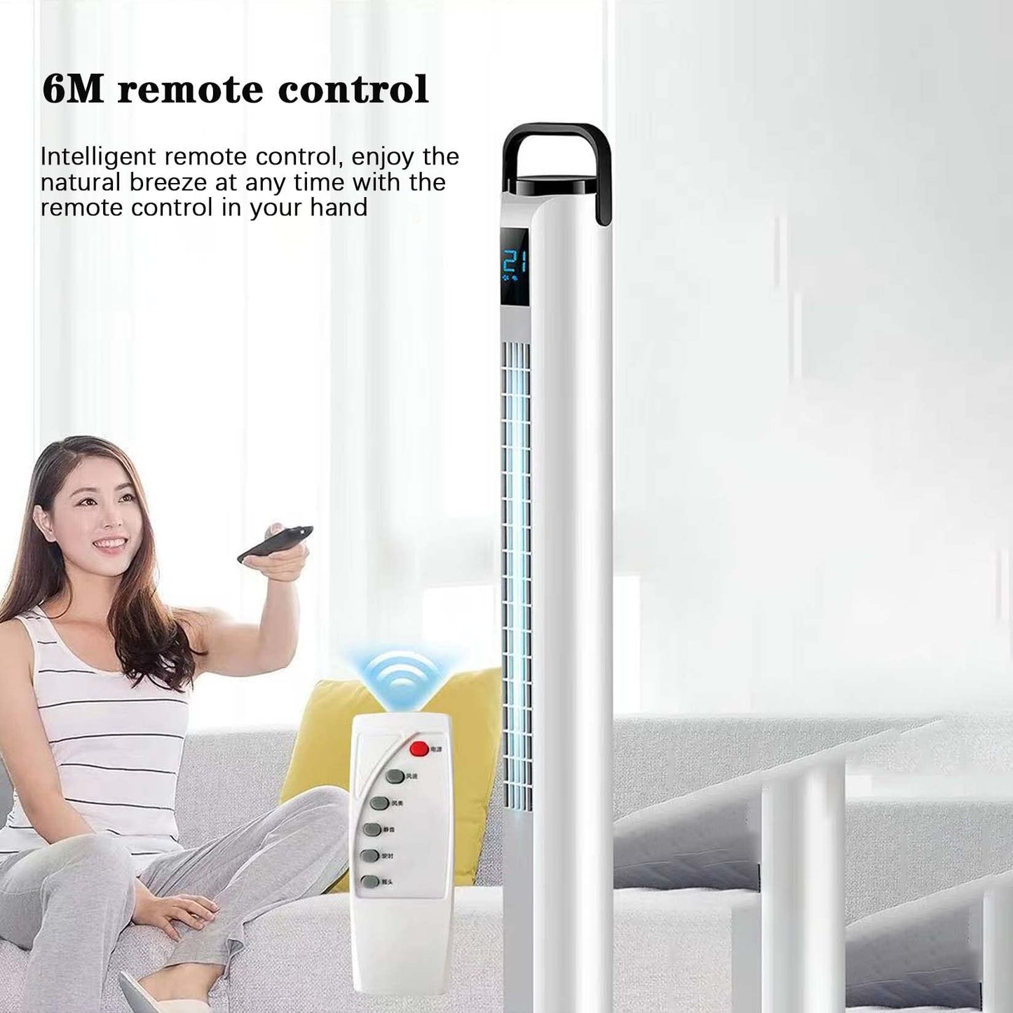 BNE Silent leafless shaking head tower fan with remote control, 3 modes, 3 speeds, LED temperature display, 12h timer, use with bedroom, living room