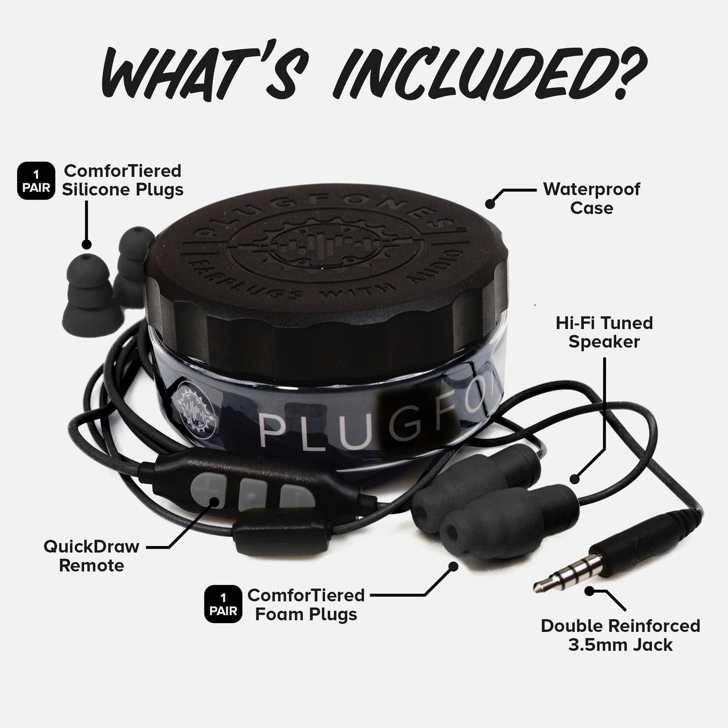 Plugfones Guardian Plus in-Ear Earplug Earbud Hybrid - Noise Reduction in-Ear Headphones with Noise Isolating Mic and Controls (Black)