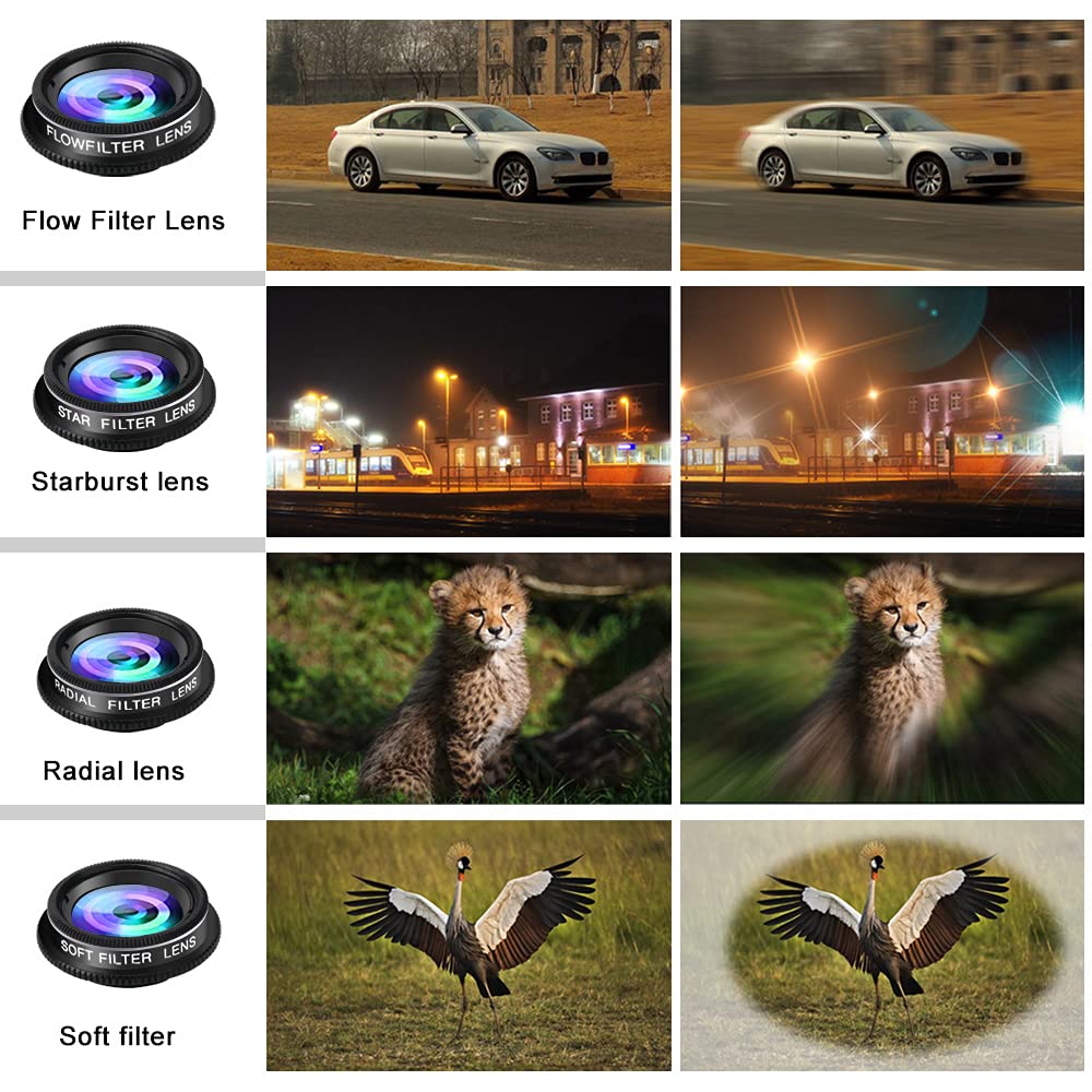 Phone Camera Lens Kit, 11 in 1 Cellphone Lens Kit for iPhone and Android, 0.63X Wide Angle+15X Macro+ 198°Fisheye+Telephoto+CPL/Flow/Radial/Star/Soft