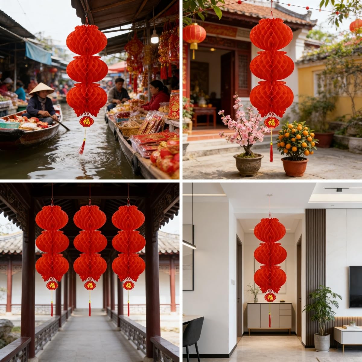 KYMY 2026 Chinese & Vietnamese New Year Red Lanterns, 6PCS Spring Festival Long Hanging Lanterns, Zodiac Horse Asian Lunar New Year Party Decorations
