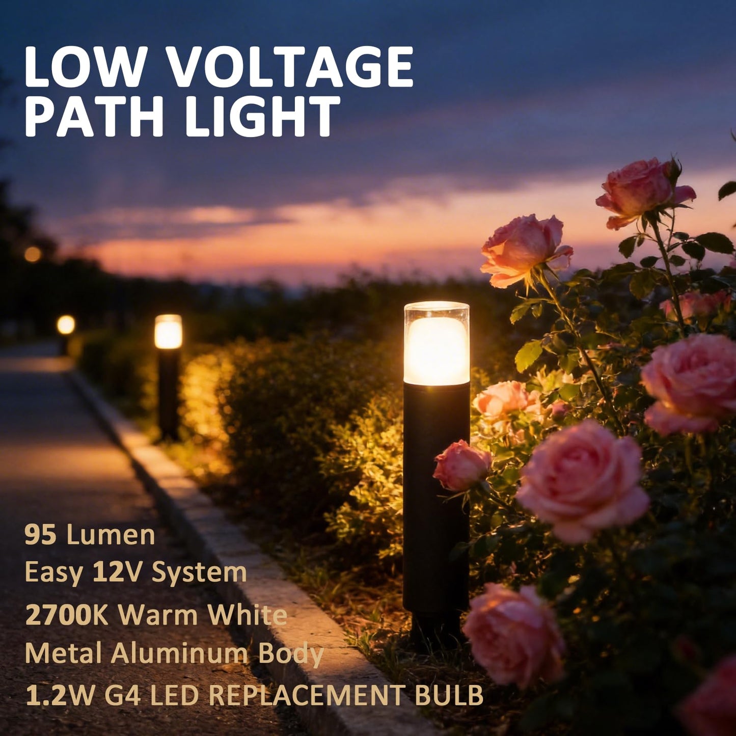 LL LIGHTING LIVING 2PK Low Voltage Bollard Lights Die-Cast Aluminum & Real Glass Pathway Lights 1.2W 95LM 2700K Warm White G4 Replaceable Bulb