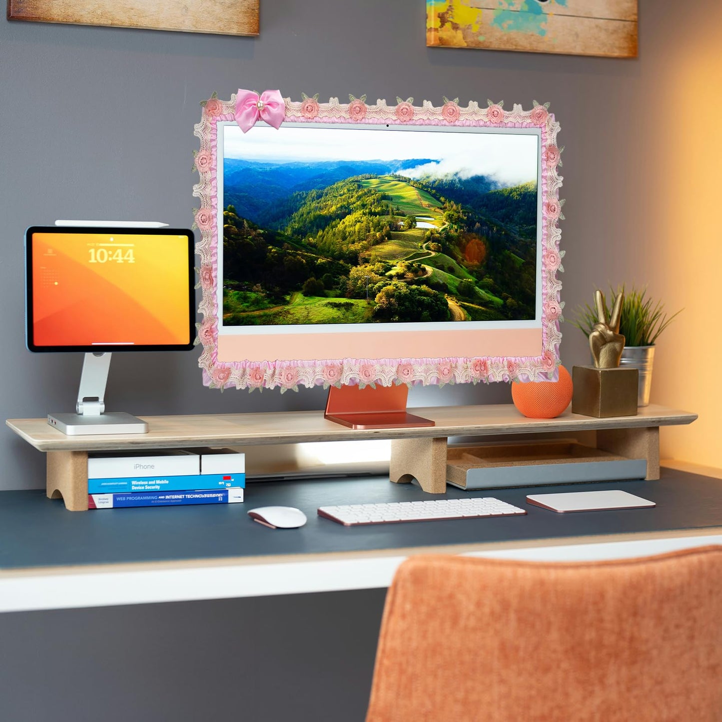 ReignSword 2 Pcs 23''-26'' Cute Computer Monitor Cover with Bow Tie, Lovely Computer Accessories with Lace Design, Monitor Dust Cover Protector (Pink)