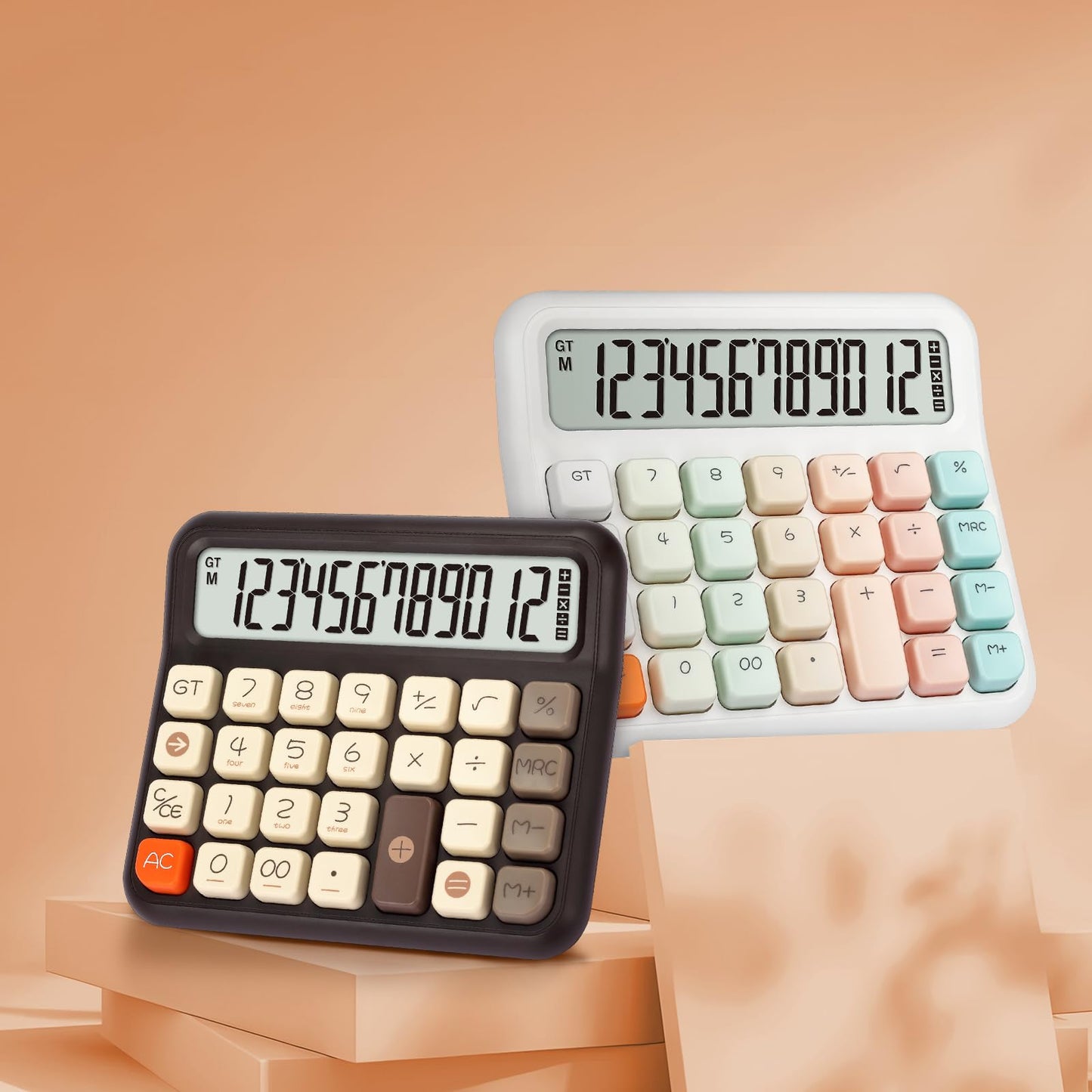 Pendancy Cute Desk Calculator, 12-Digit LCD, Typewriter-Style Keys, Brown