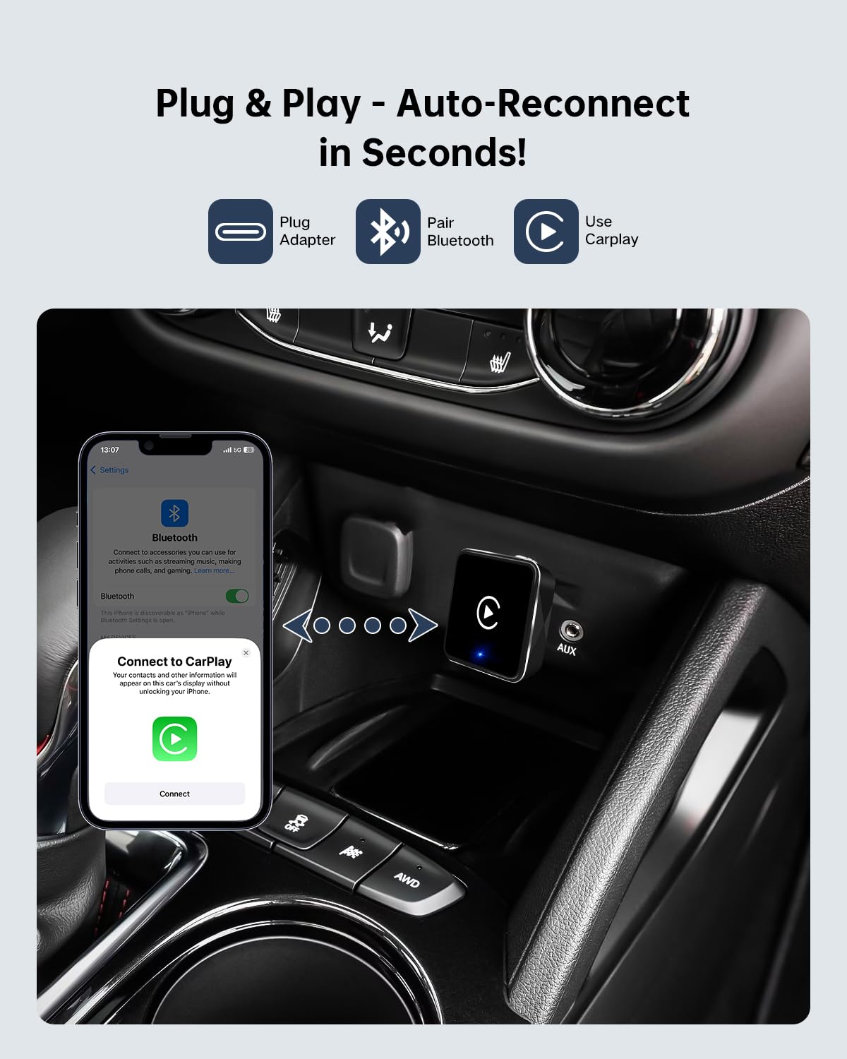 2025 Upgraded Apple Car Play Wireless Adapter for iPhone - Factory Wired CarPlay to Wireless, Auto-Reconnect, Plug & Play for iOS 10+ (iPhone 6+)