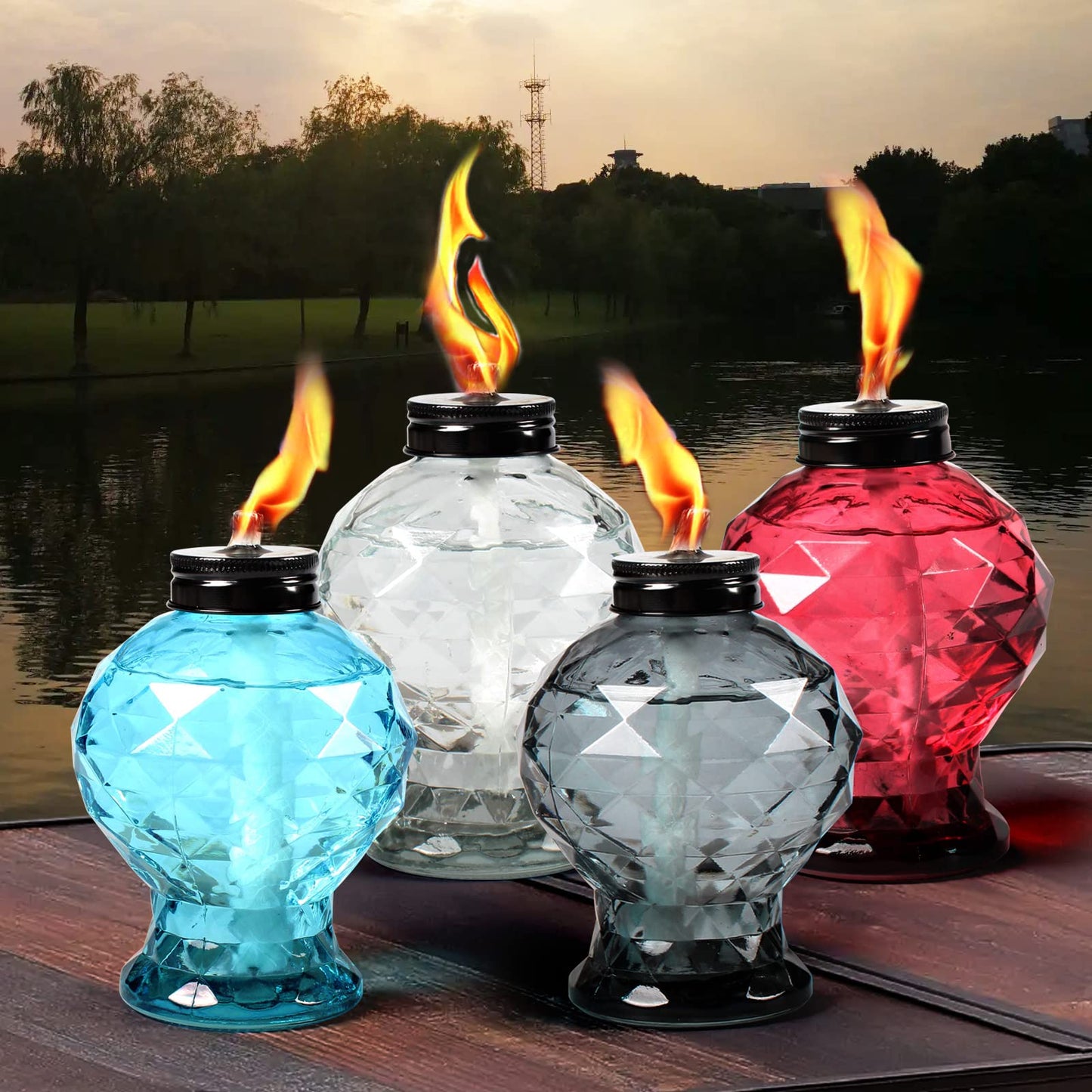 DIKAIDA 4 Pack Glass Table Torch,Citronella Glass Table top Torches with Wick and Cap for Outdoor ,Refillable Torches Landscape Lanterns Torches