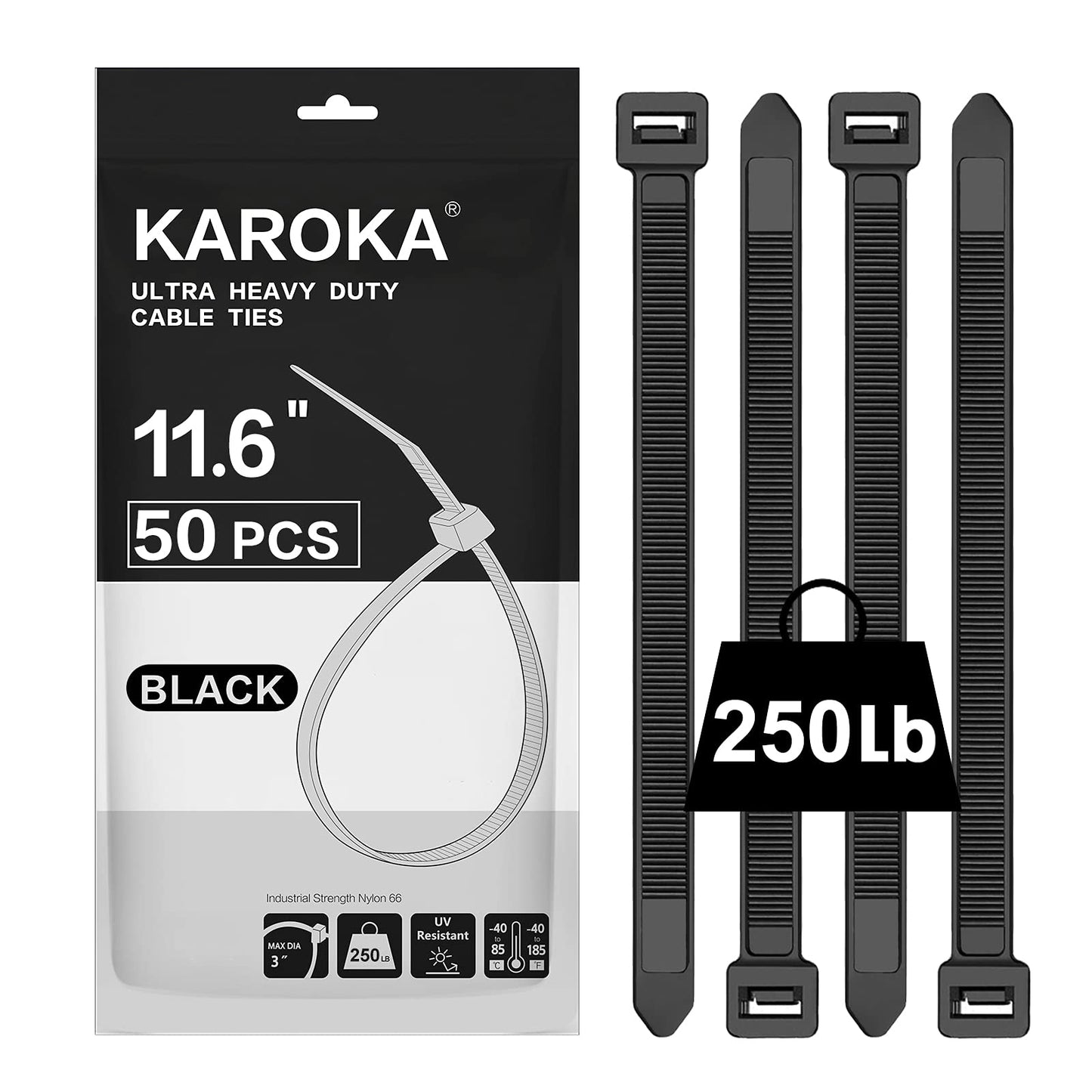 Industrial Zip Ties Heavy Duty with 250 lbs Tensile Strength, 11.6 inch, Electrical Cable Ties Heavy Duty, 50 Pieces, Wide and Thick Zip Ties,