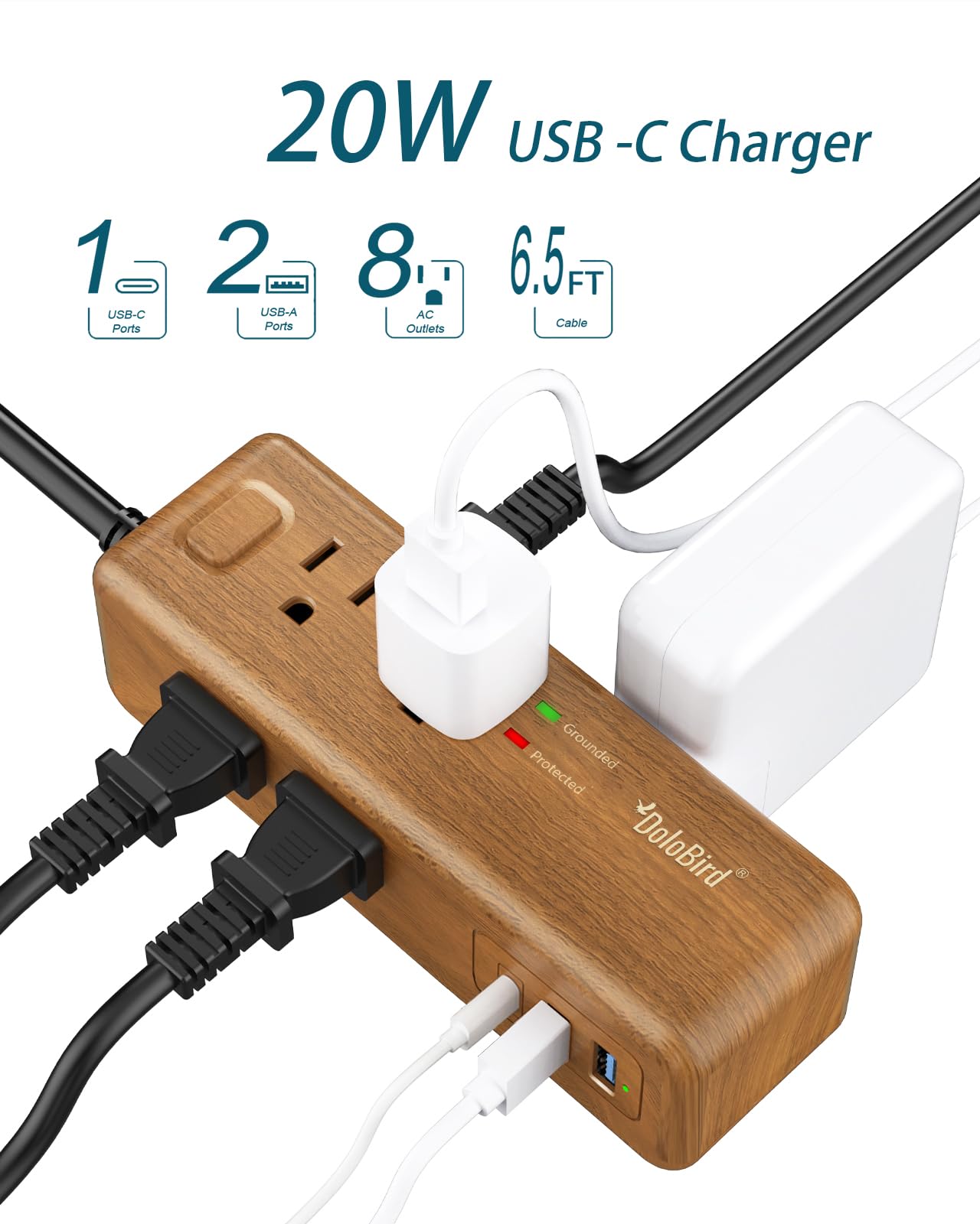 Power Strip Surge Protector 8 Outlet with 2 USB-A+1USB-C Ports Charging Station Long Extention Cord Right Angle Flat Plugs Circuit Breaker for Home