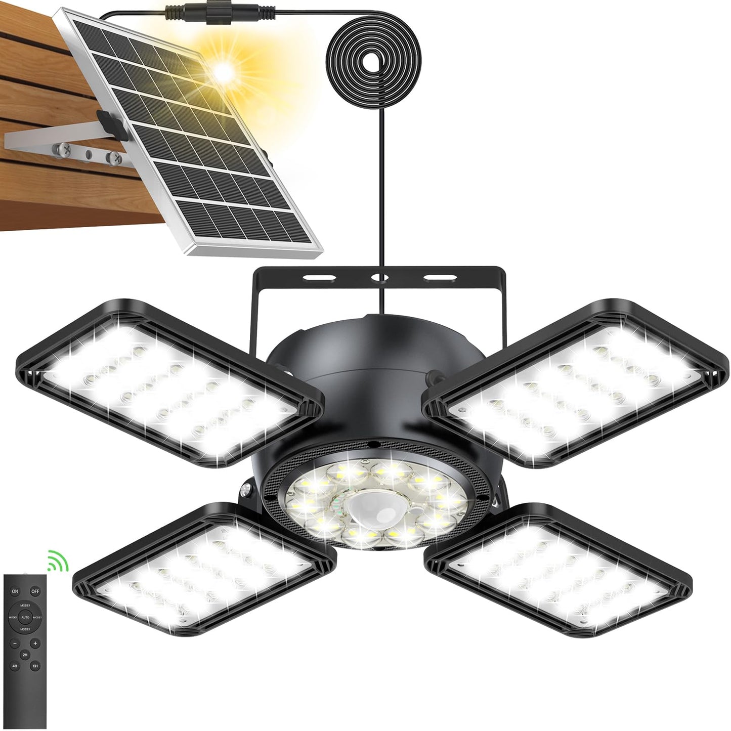 Latband Solar Shed Light Outdoor Indoor Upgrade 1200LM 174LED 4 and 1 Heads Motion Sensor Pendant Light, Solar Lights with 5 Lighting Modes Remote