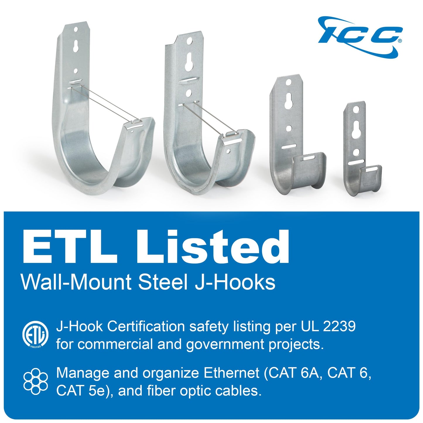 ICC 2-Inch Wall Mount J-Hook - 25-Pack, Cable Support 2" J Hooks with Retainer Clips, Galvanized Steel with Zinc Finish - for Structured Cabling