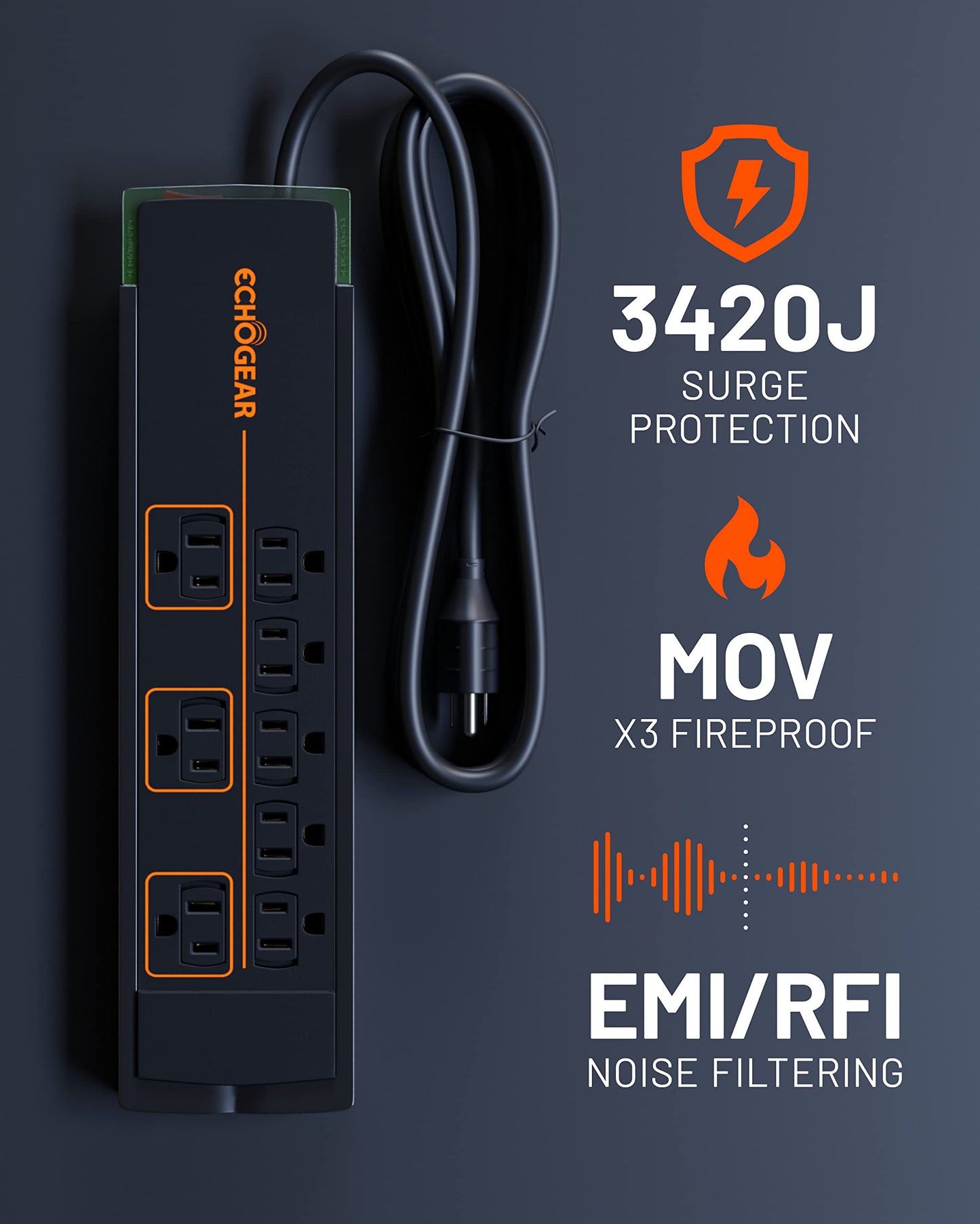 ECHOGEAR ShockBlocker 8 Outlet Surge Protector Power Strip - Slim Design Can Power & Protect Your Entire TV, Office, Or Gaming Setup - Advanced Surge