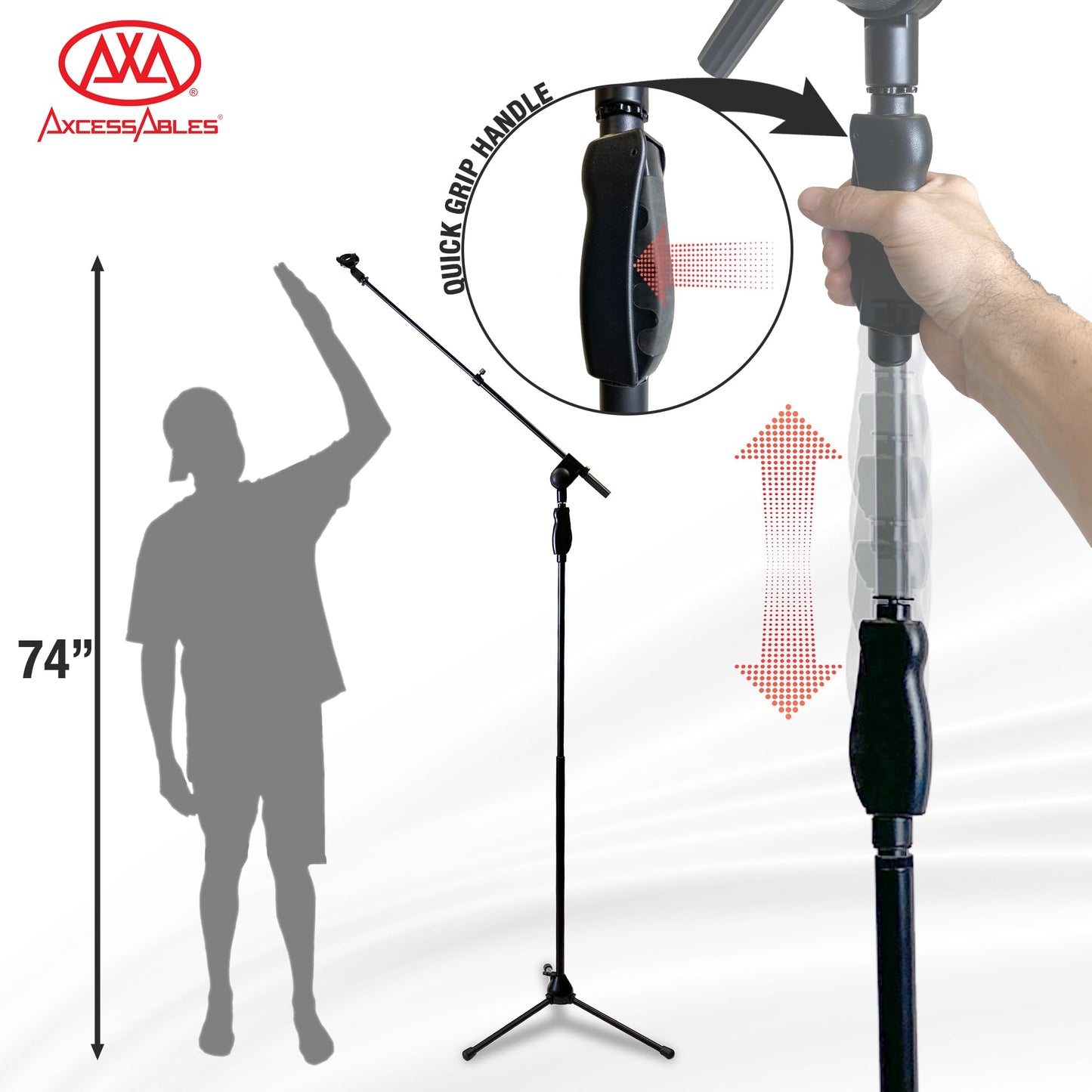 AxcessAbles AXCMS-201TB One Hand Microphone Stand with Tripod Base and Quick Grip Height Adjustment - Telescoping Mic Boom Arm Included. Tall