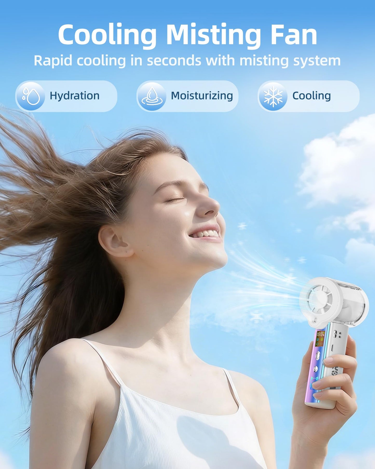 Carehabi Handheld Fan with Water Cooling, 30,000 RPM Mini Fan Battery 3000 mAh, 1-100 Levels Portable Fan Small with LED Display, Quiet USB Fan Hand