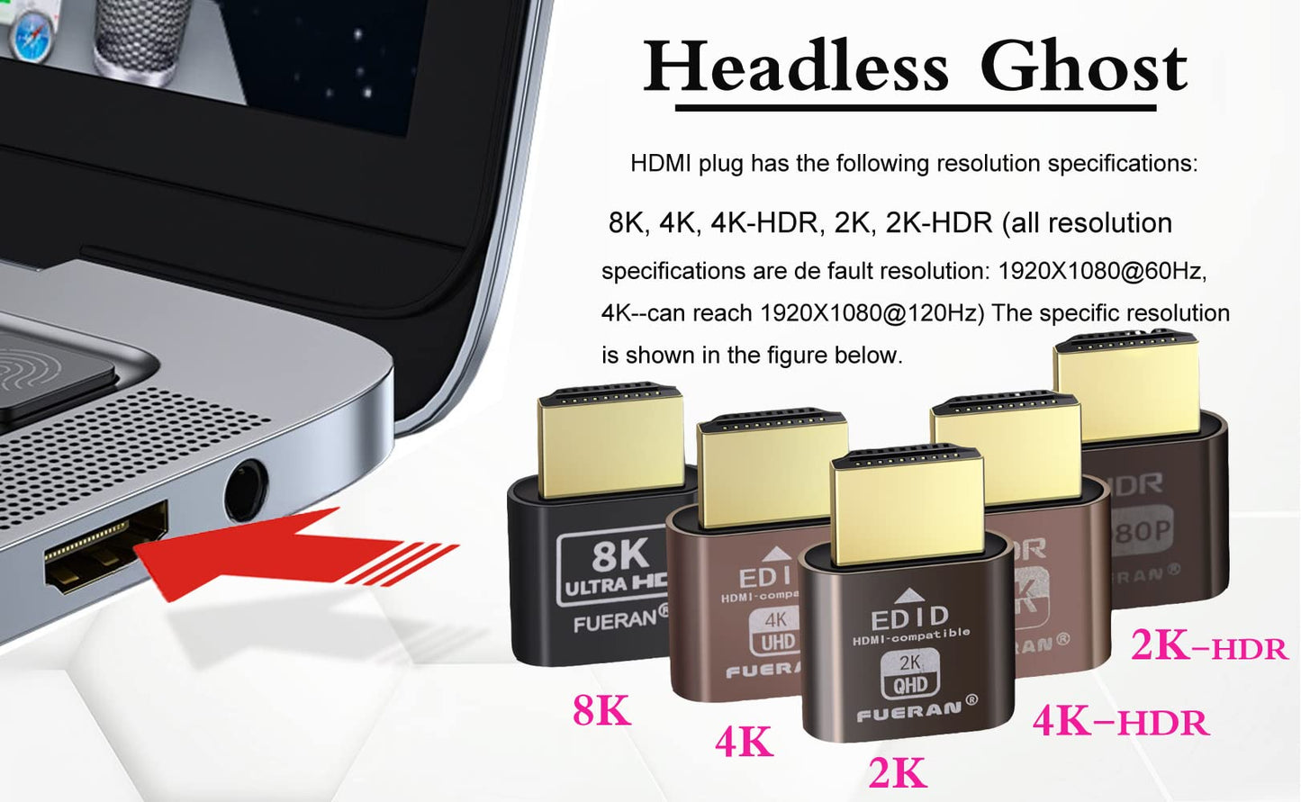 FUERAN 4K HDR HDMI Dummy Plug - Headless Display Emulator for GPU Virtual Monitor Support up to 4K@60Hz, 1080P 120Hz | Plug & Play for Rendering