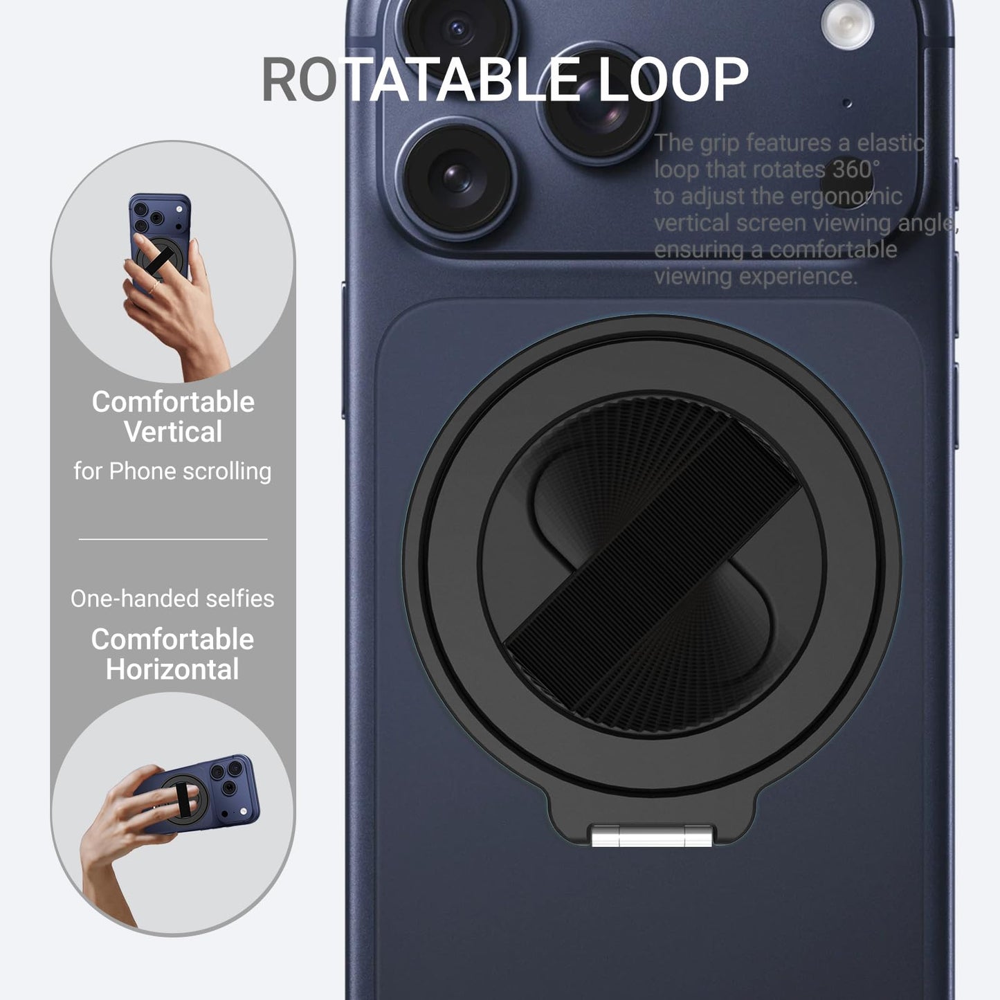 Gornergrat Grat 4 for Magsafe Magnetic Phone Grip Stand, 360° Rotatable Elastic Strap Loop, Detachable Ultra-Thin Aluminum Ring Kickstand Compatible