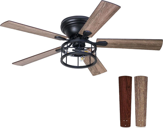 Breezary 52 Inch Flush Mount Farmhouse Rustic Ceiling Fan with Light and Remote, Reversible AC Motor, 5 Dual Finish Blades, Industrial Low Profile