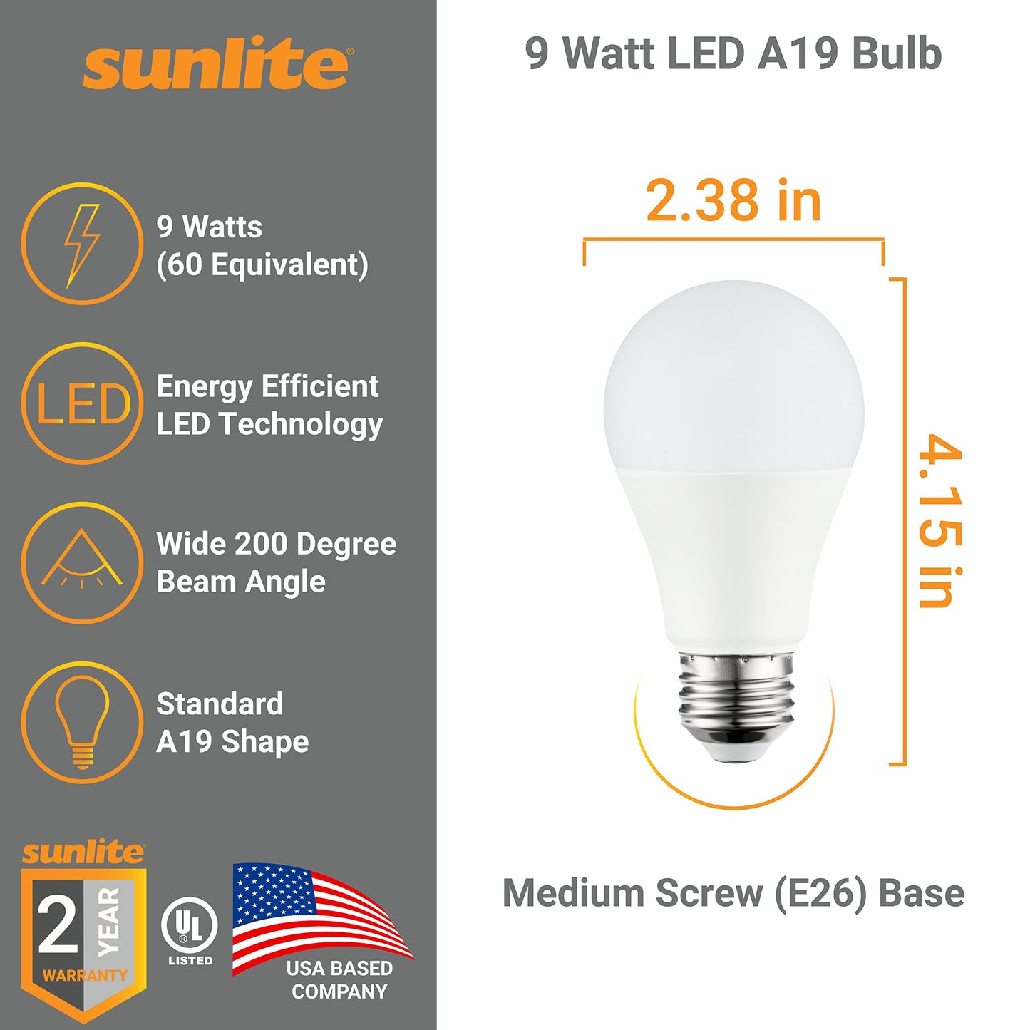 Sunlite A19 Standard 9 Watt LED Light Bulbs, (60 Watt Equivalent), 800 Lumens, Medium Base (E26), Non-Dimmable, Frost, ETL Listed, 5000K Daylight, 9