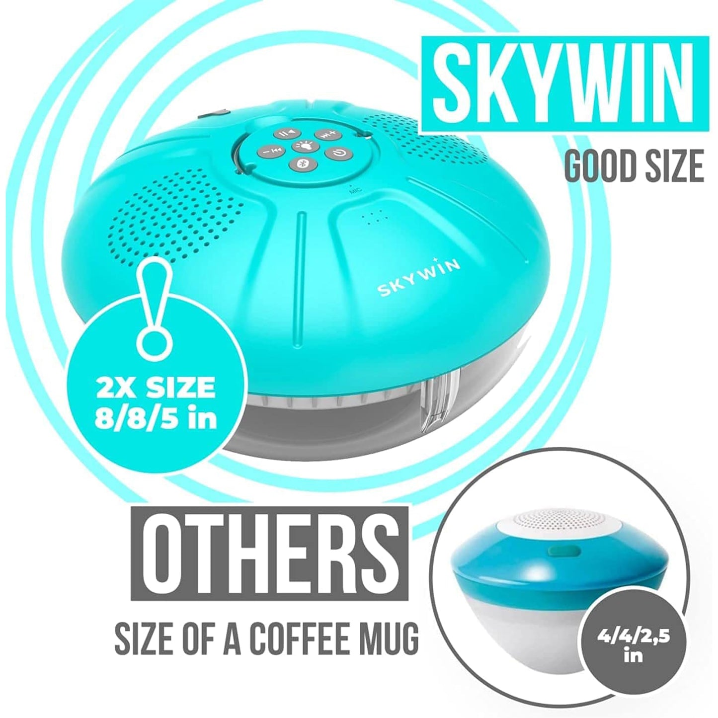 Skywin Floating Pool Speaker with Lights, Wireless Waterproof Bluetooth Speaker for Pool - Dual 5W Sound, Touch Controls, Rechargeable Shower Speaker