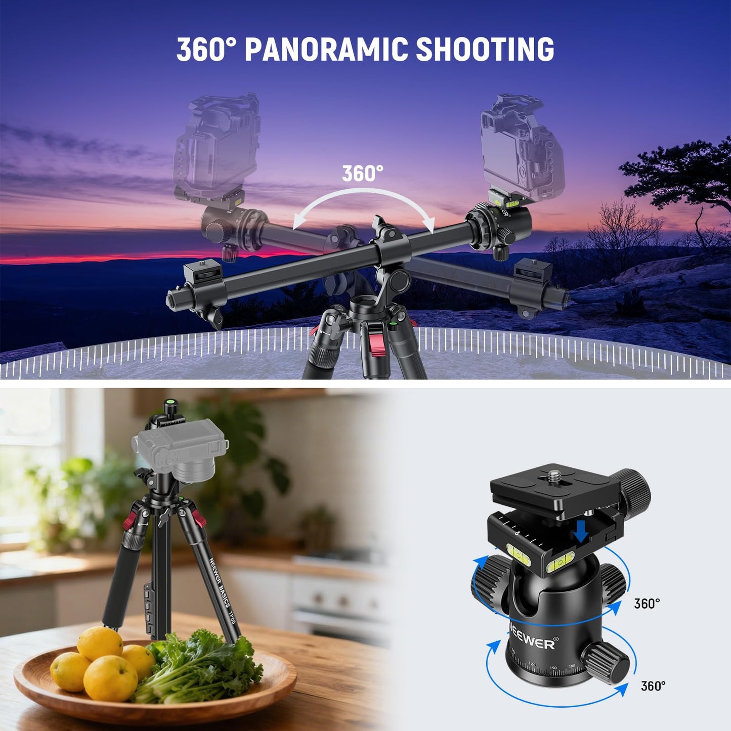 NEEWER Basics 64.5" Horizontal Overhead Tripod Monopod for Dual Camera Aluminum Travel DSLR Camcorder Stand with Cell Phone Holder Compatible
