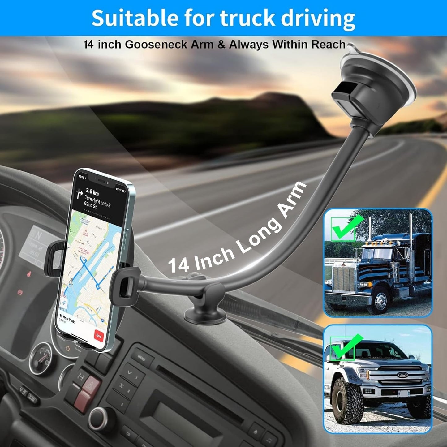 APPS2Car 14'' Gooseneck Car Phone Holder,Heavy Duty Phone Holder for Truck, [Flexibile Long Arm] [Anti Shake stabilizer] Windshield Car Phone Mount