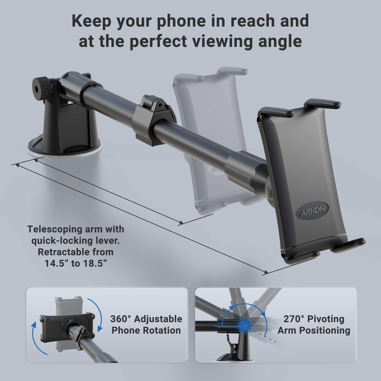 ARKON Mounts - Phone Mount for Car | Car Phone Holder With Windshield Suction | Secure spring holder expands up to 7.25 inches | For iPhone, Samsung
