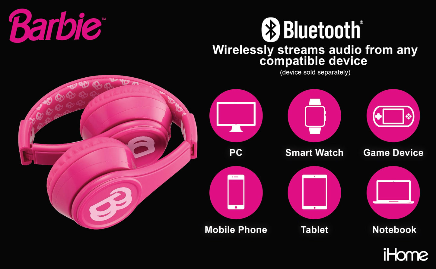 eKids Barbie Bluetooth Headphones, Pink Wireless Headphones with Microphone Includes Aux Cord, Volume Reduced Kids Foldable Earphones