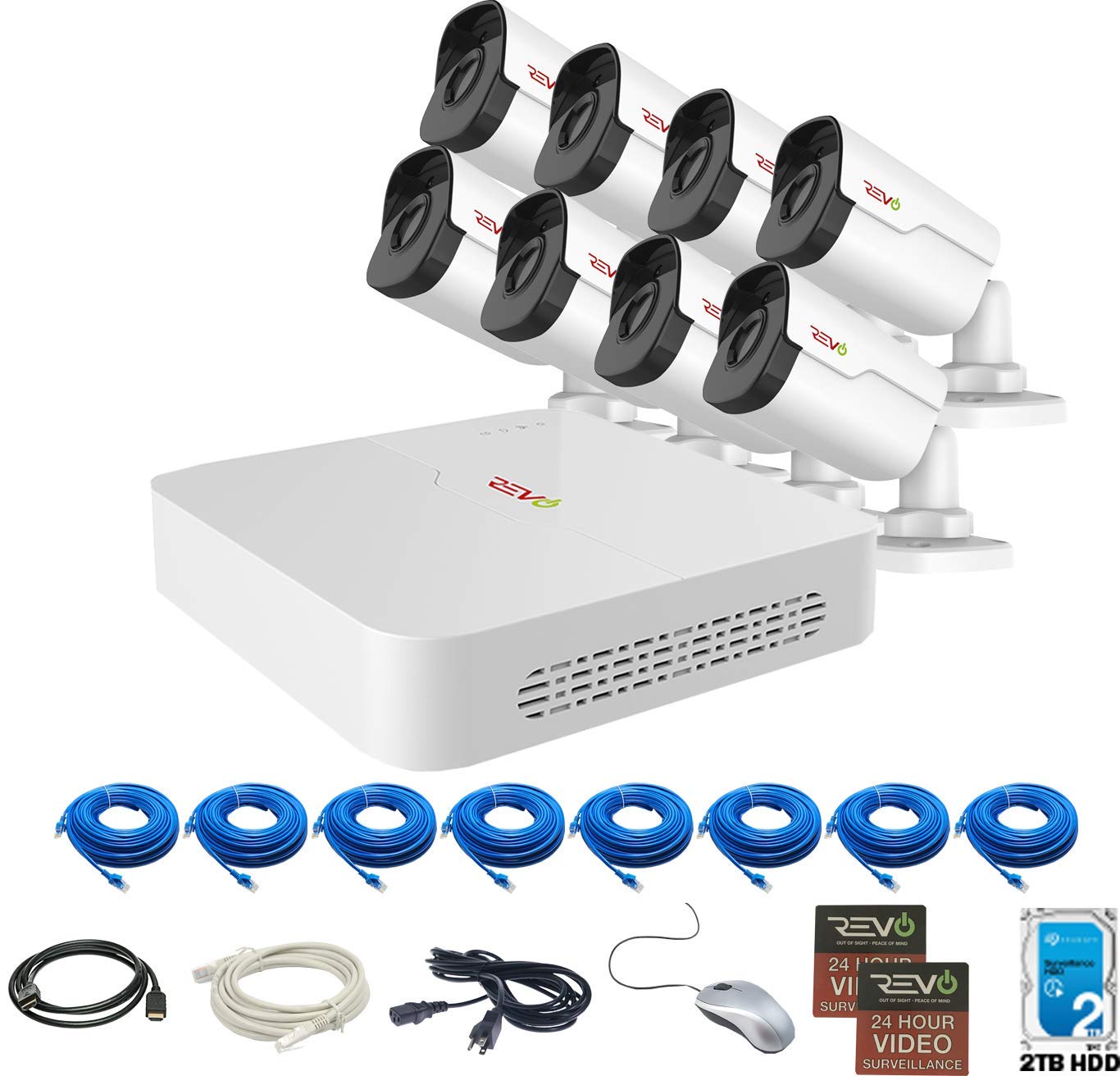 REVO America America Ultra HD 8 Ch. 2TB HDD IP NVR Video Surveillance System, 8 x 4MP IP Bullet Security Cameras - Remote Access via Smart Phone