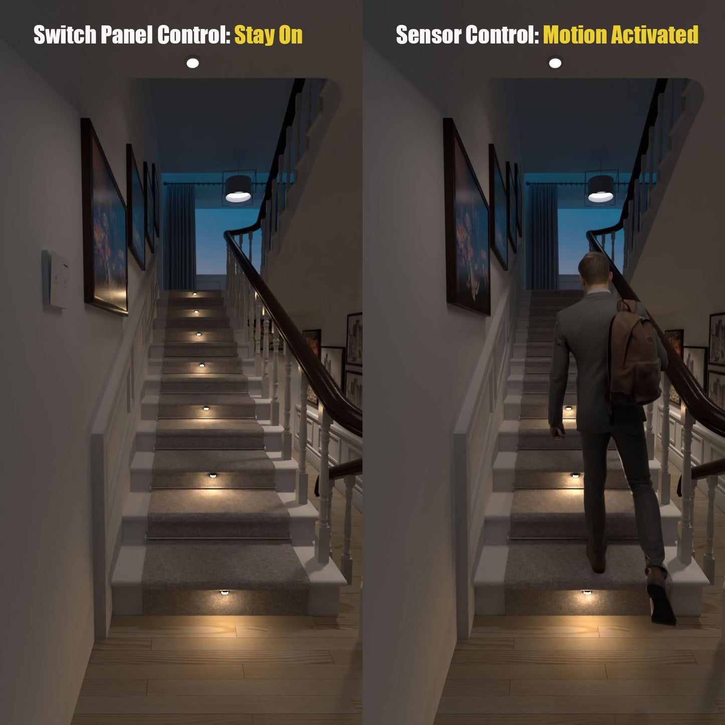 RWOFNIA Motion-Activated LED Stair Lighting Kit RW-5620-B, Warm White 2700K Mini LED Light Bulbs Suilt For Indoor Carpeted Or Wooden Staircase (8