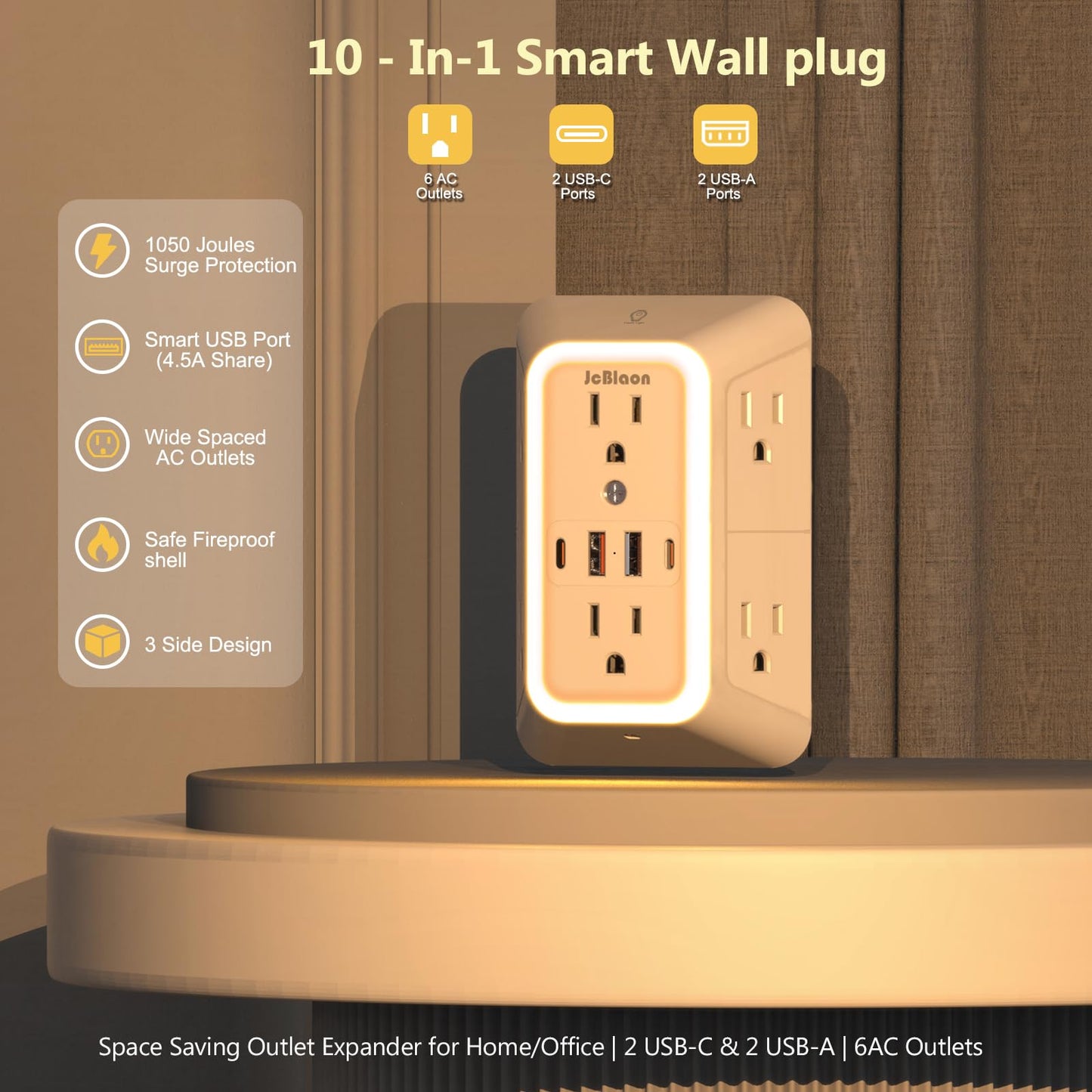 Wall Outlet Extender with Night Light, Power Plug Adapter 6 Outlet Extender with 4 USB Charging Ports 1050J Power Strip Multi Plug Adapter Spaced