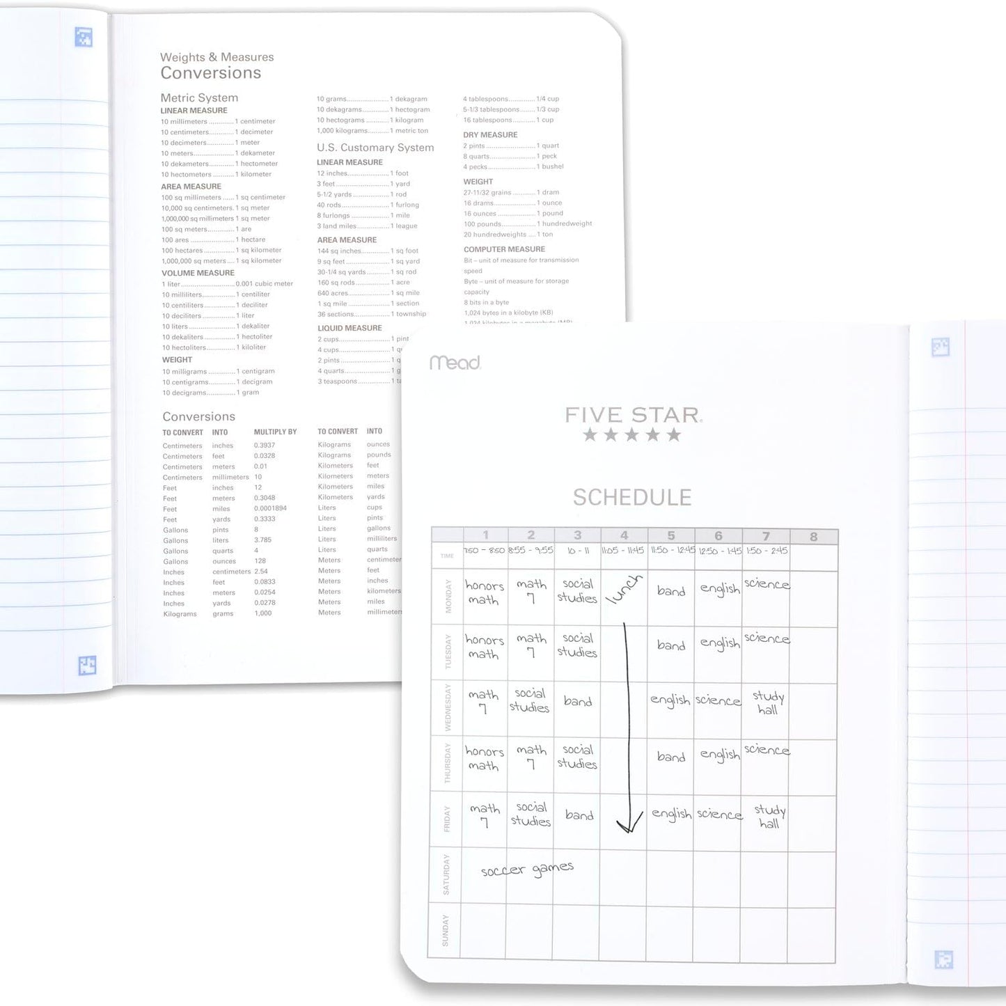 Five Star Composition Book + Study App, 4 Pack, Wide Ruled Paper, 7-1/2" x 9-3/4", 80 Sheets, Forest Green, Tidewater Blue, Fire Red and Harvest