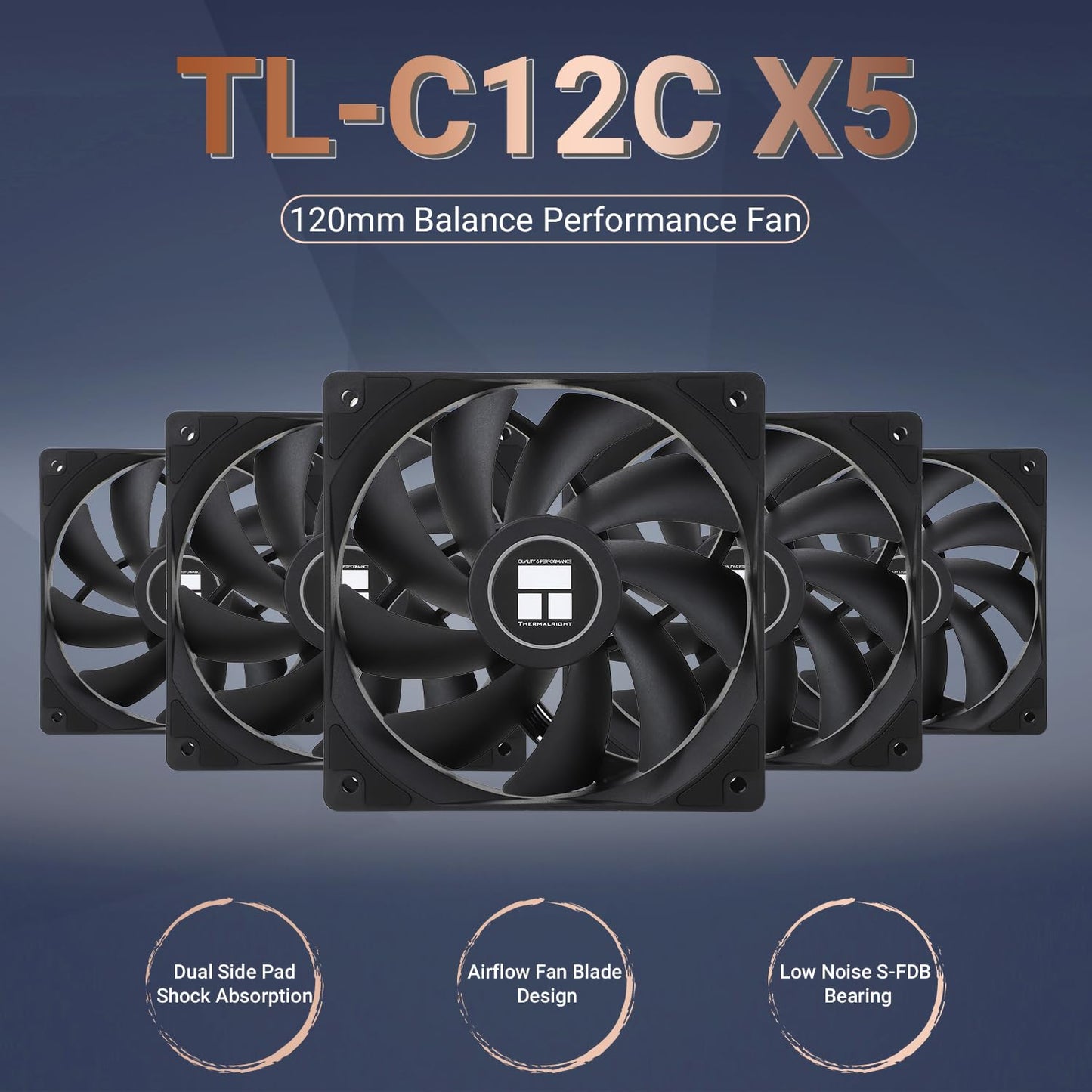 Thermalright TL-C12C X5 CPU Air Fan, 120mm Case Cooler with 1550RPM Speed PC Cooling, in The Unlit Version,5-Fan Packs(120mm,Black)