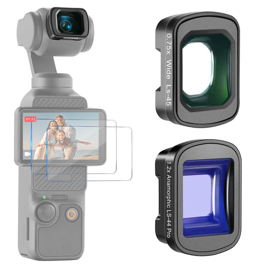 NEEWER Lens Kit Compatible with DJI Osmo Pocket 3 Creator Combo Accessories, 0.75X Wide Angle (108° FOV) + 1.2X Blue Anamorphic Cinematic Effect Lens