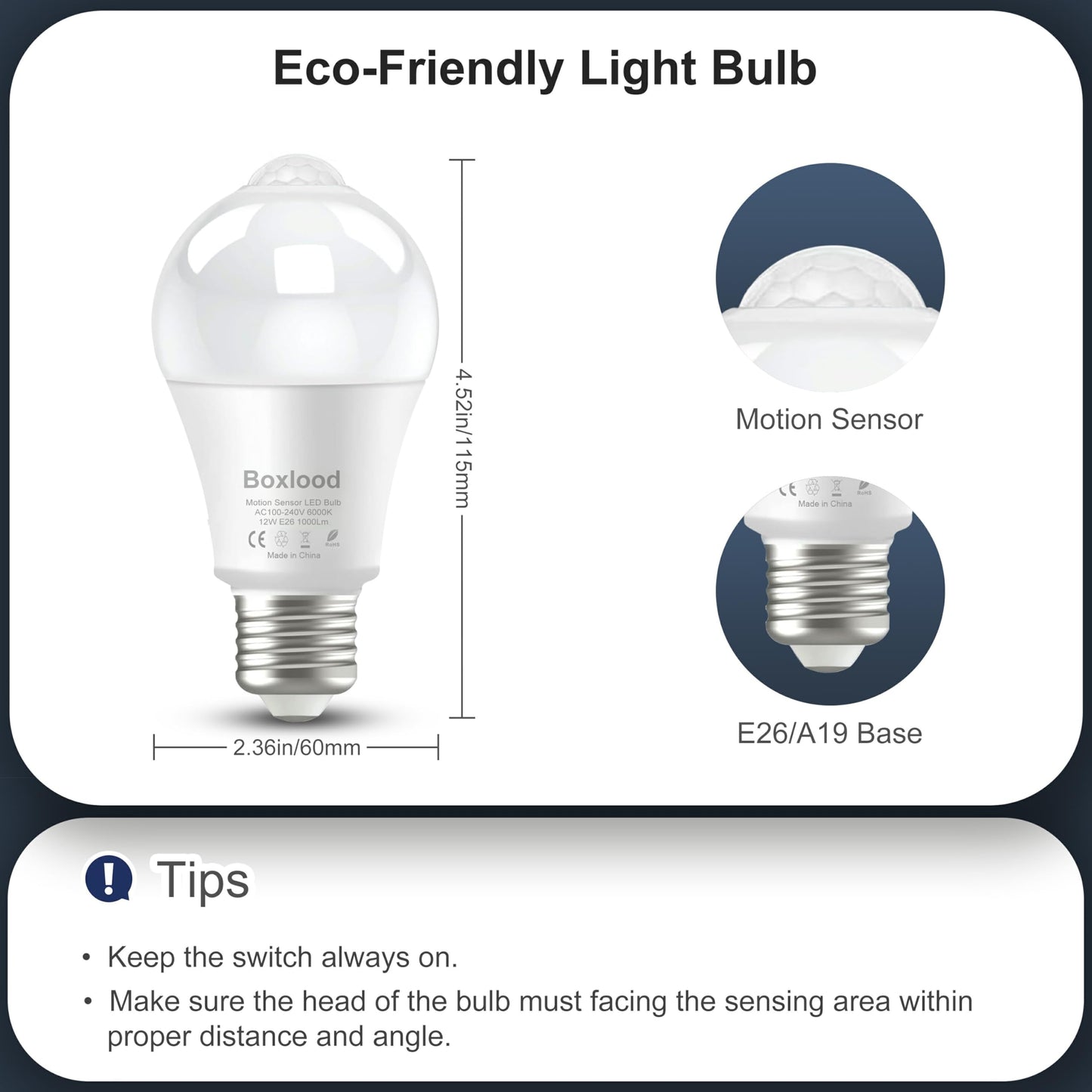 Boxlood LED Motion Sensor Light Bulbs Outdoor Indoor, 12W(100W Equivalent) A19 E26 Motion Activated Dusk to Dawn Ampoule Exterieur, 6000K Cool White