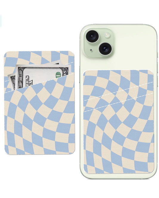 AWHSCP Leather Phone Wallet, Dual Pocket Credit Card Sticky Wallet, Compatible Cell Phones, Cute Twisted Blue Checkerboard