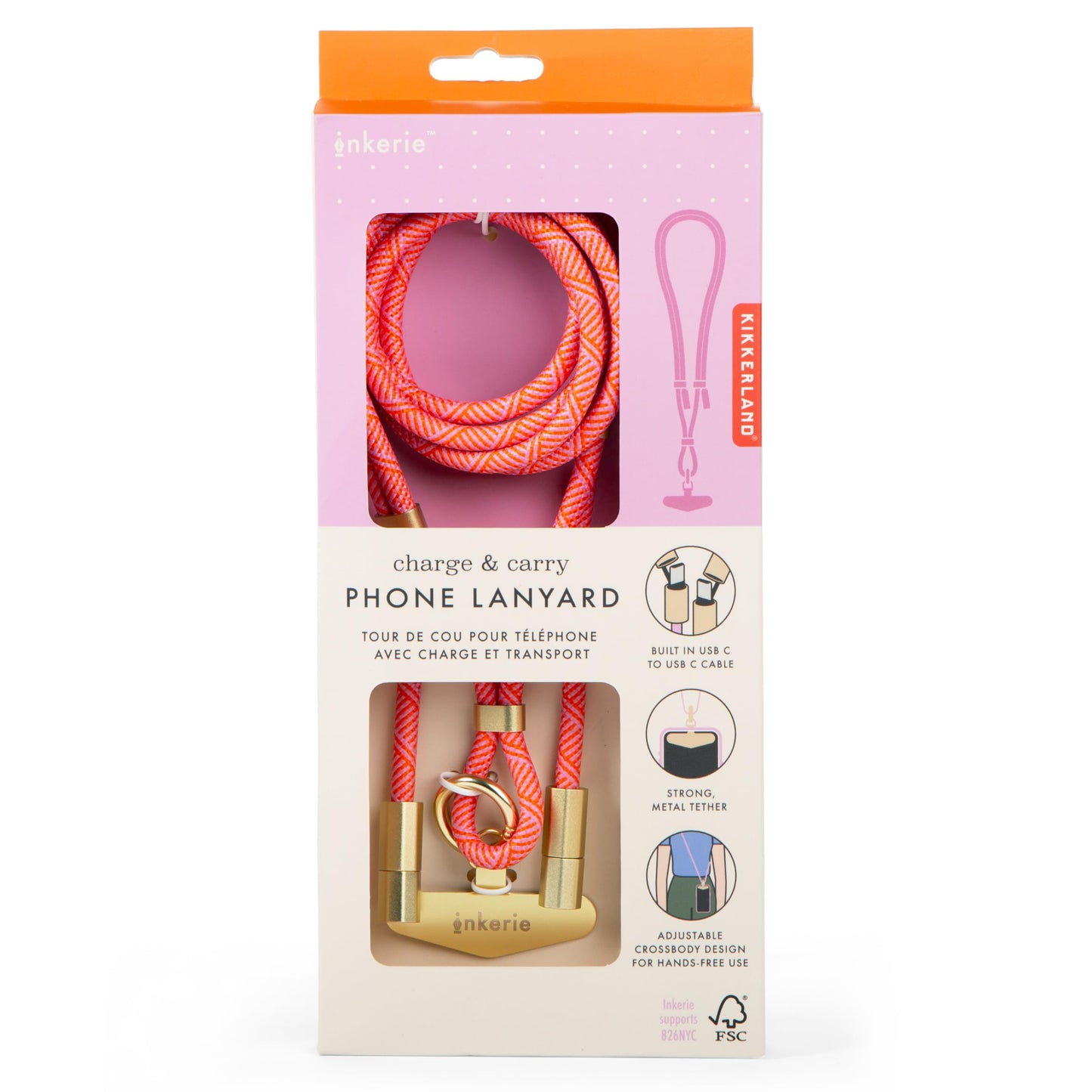 Kikkerland Inkerie Charge & Carry Phone Lanyard - Hands-Free Crossbody Phone Holder with Built-In C to C Charging Cord - Pink